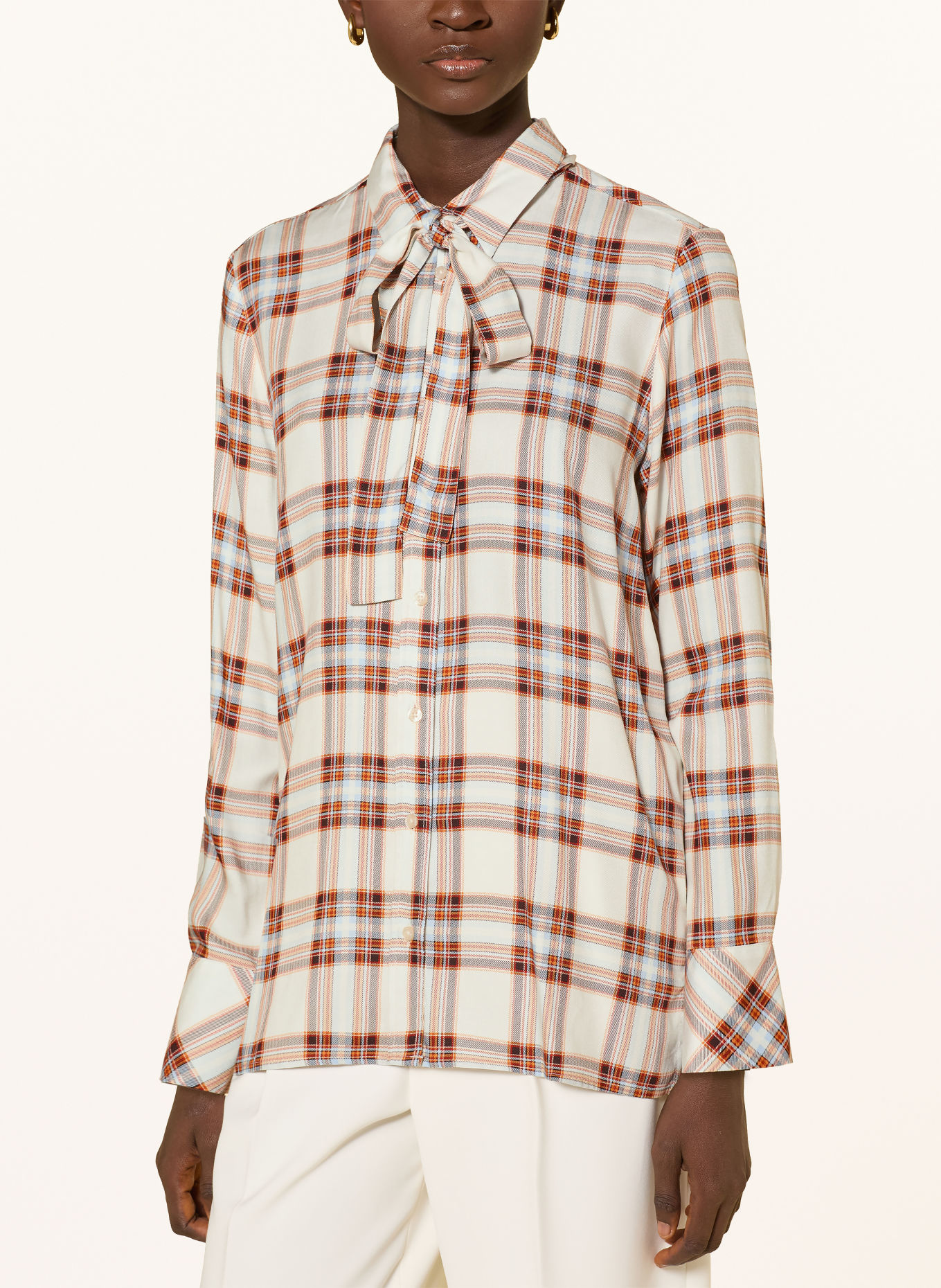 Emily VAN DEN BERGH Shirt blouse with a detachable bow tie: WHITE / COGNAC / BLUE GRAY