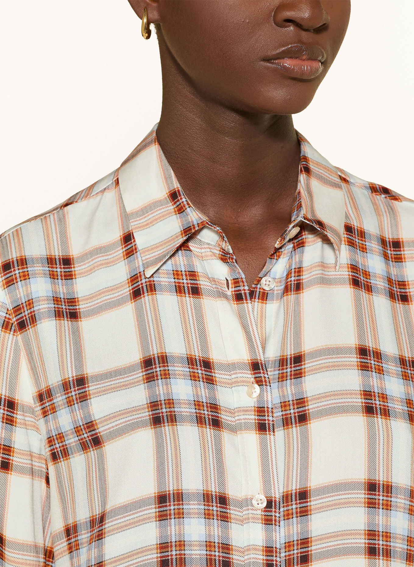 Emily VAN DEN BERGH Shirt blouse with a detachable bow tie: WHITE / COGNAC / BLUE GRAY
