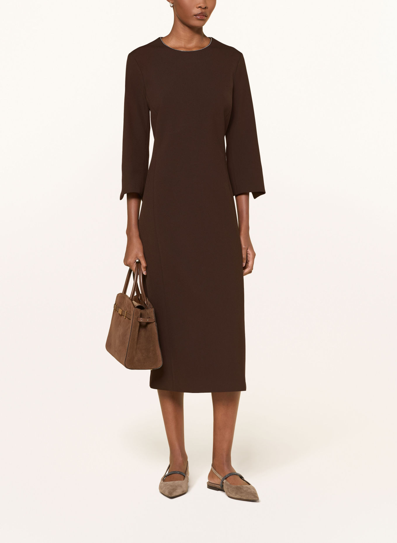 PESERICO Kleid mit 3/4-Arm und Schmucksteinen: DUNKELBRAUN