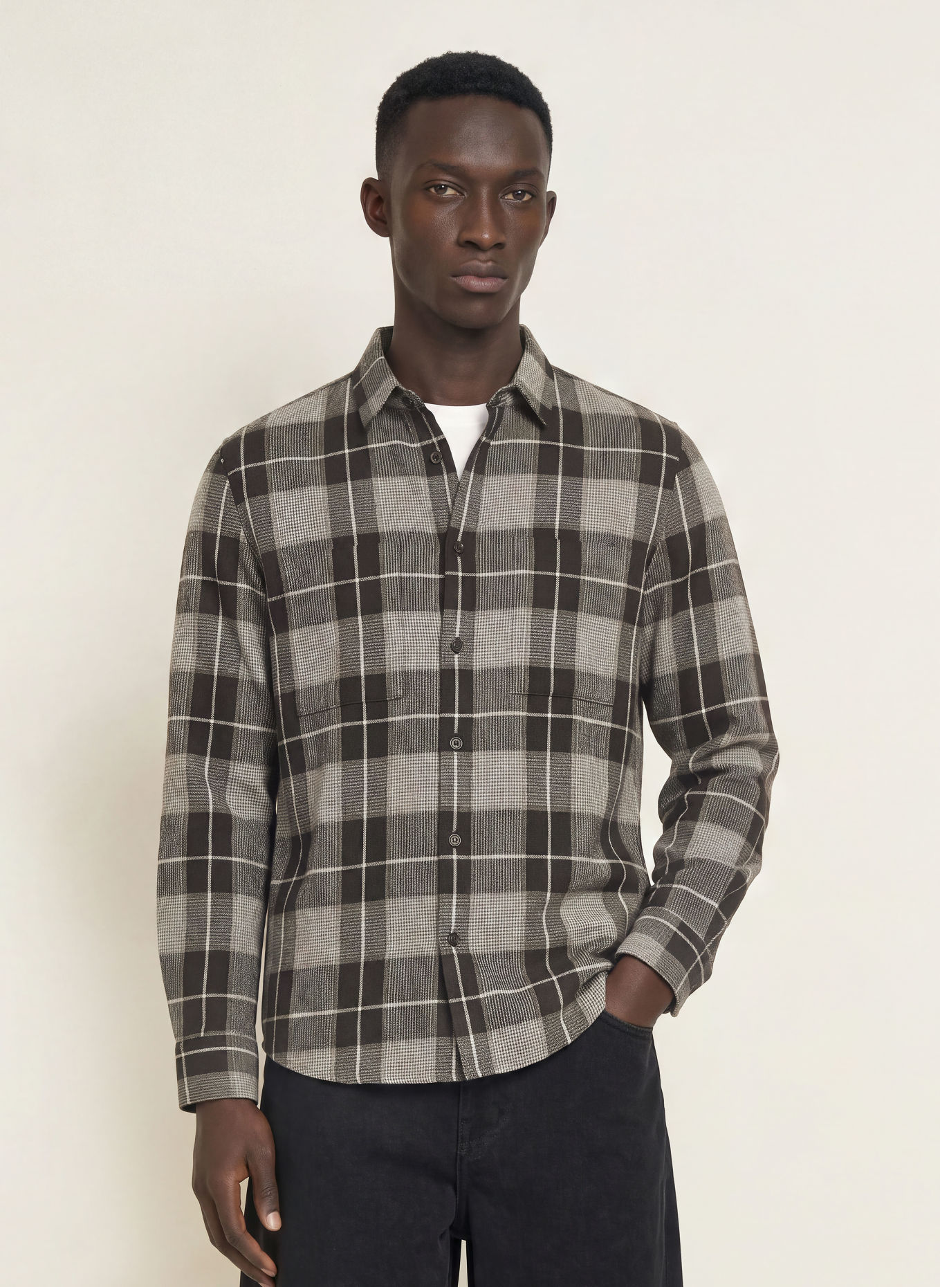 HUGO Chemise ERGIN coupe droite: NOIR / GRIS FONCÉ / BLANC