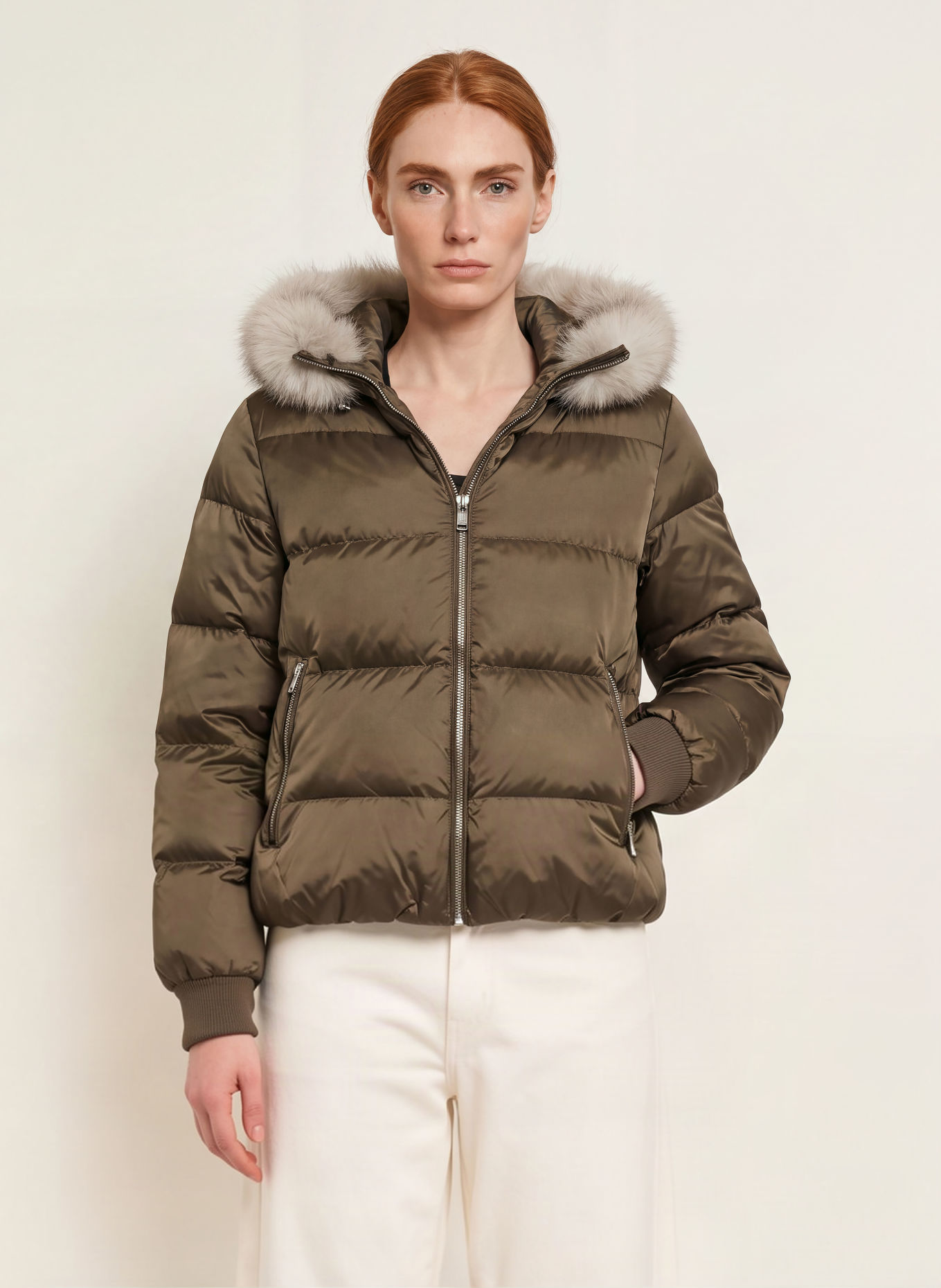 No.1 Como Quilted jacket with faux fur: TAUPE