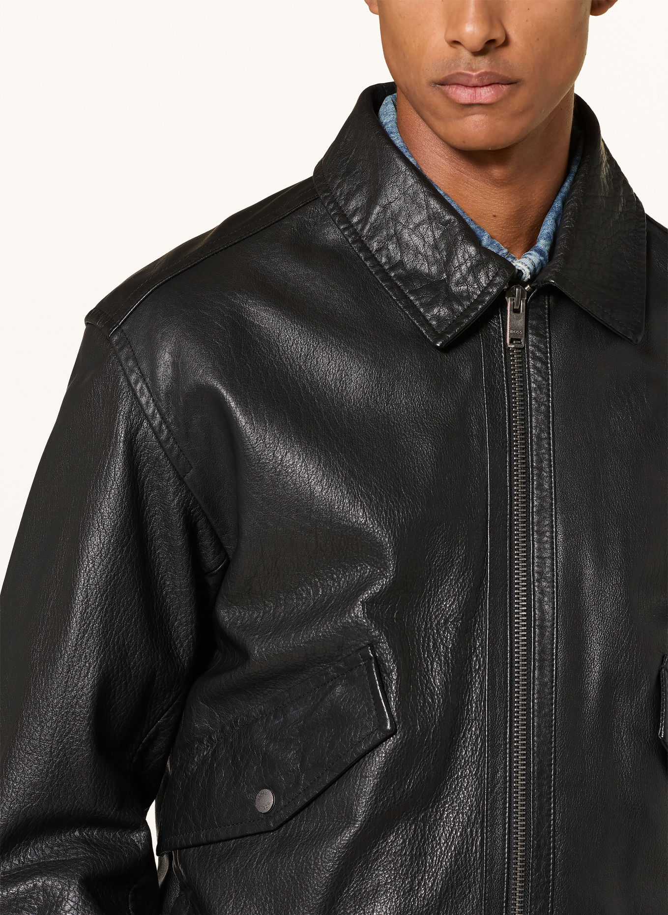 BOSS Lederjacke JOPEAK mit abnehmbarem Kragen: SCHWARZ