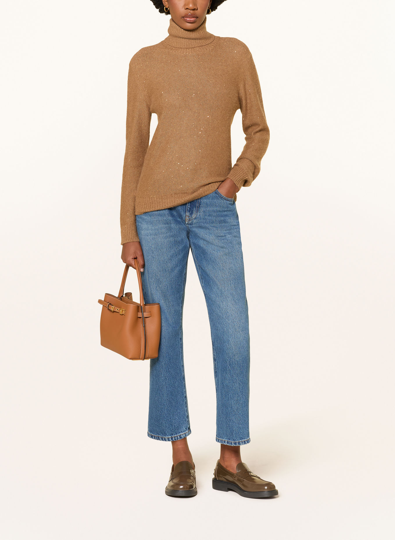 FABIANA FILIPPI Turtleneck sweater with sequins: COGNAC