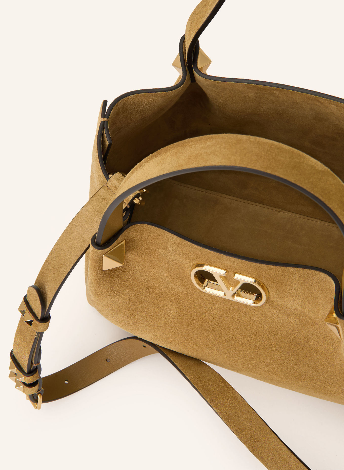 VALENTINO GARAVANI Handtas VLOGO SIGNATURE SMALL met studs: BEIGE / GOUD