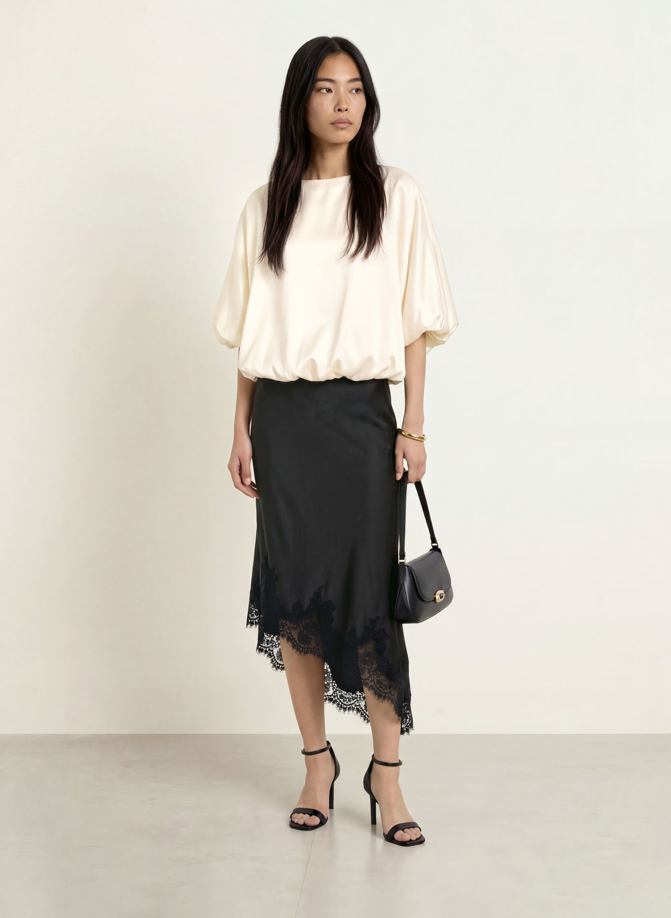 MALINA HAVANNA Satin Shirt Blouse with 3/4-Length Sleeves: CREAM