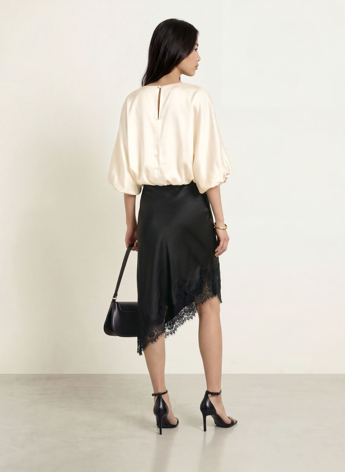 MALINA HAVANNA Satin Shirt Blouse with 3/4-Length Sleeves: CREAM