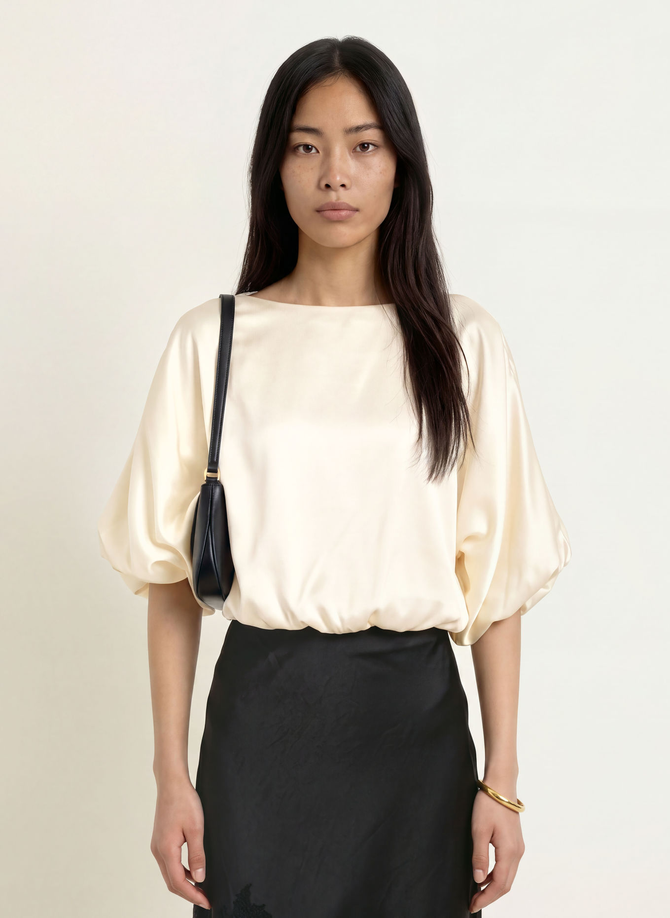 MALINA HAVANNA Satin Shirt Blouse with 3/4-Length Sleeves: CREAM