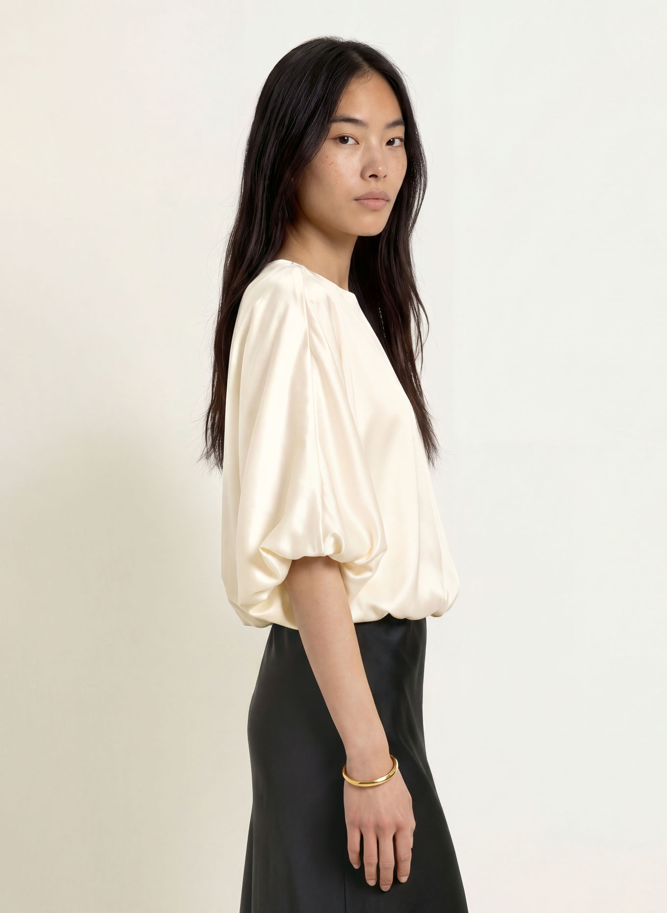MALINA HAVANNA Satin Shirt Blouse with 3/4-Length Sleeves: CREAM
