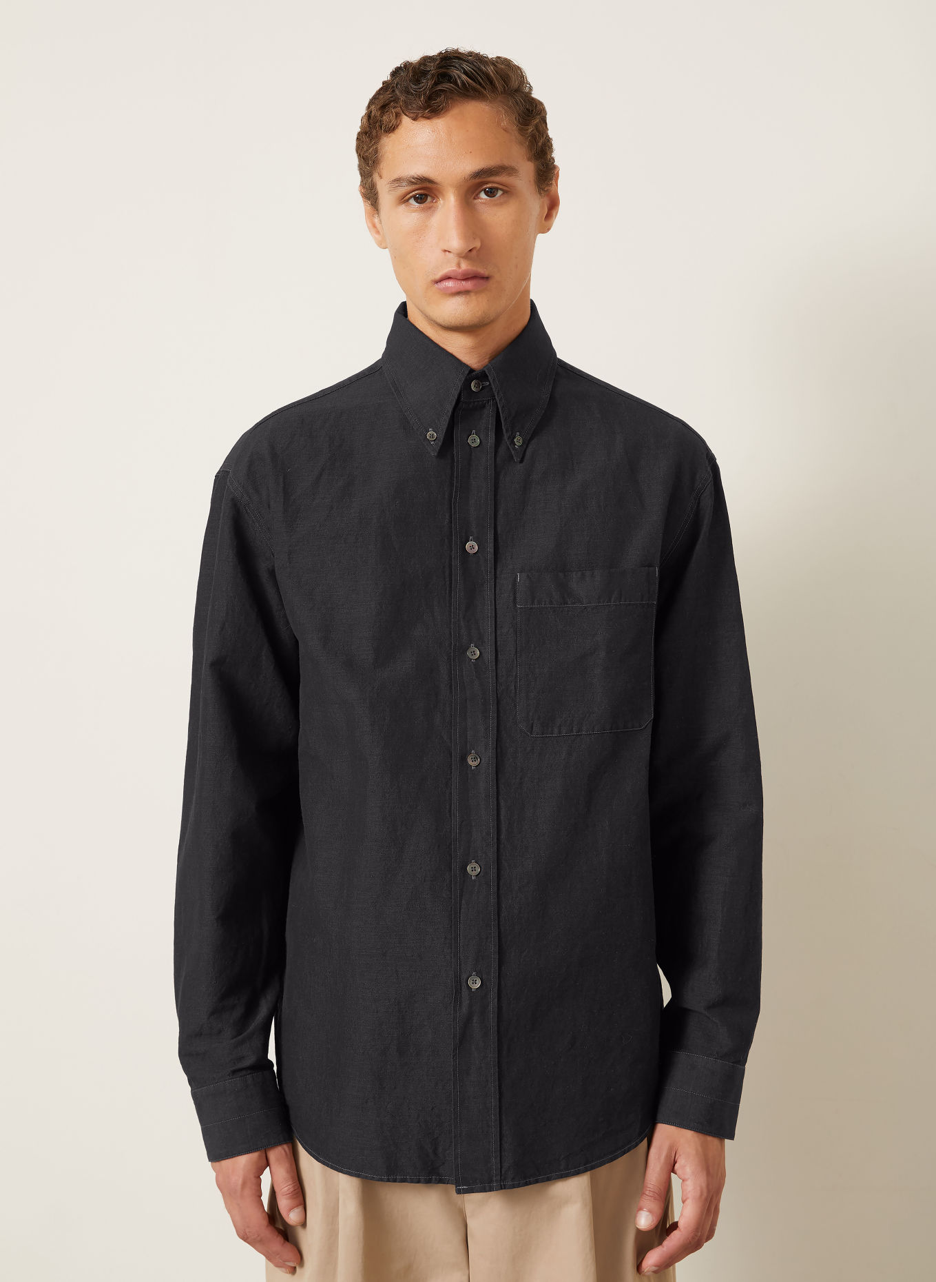 LEMAIRE Comfort Fit Shirt in a Denim Look with Linen: DARK GRAY