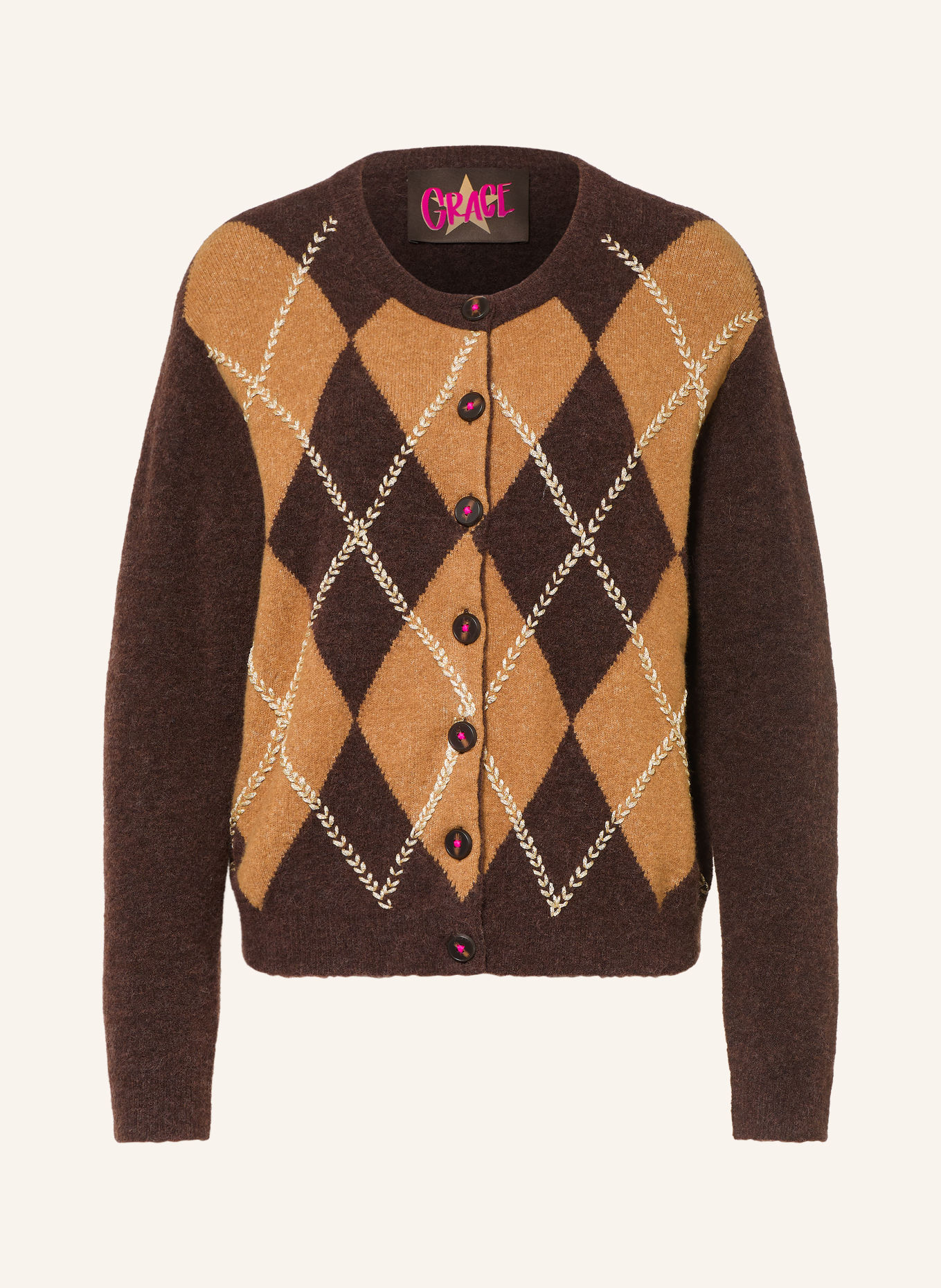 Grace Kardigan z błyszczącą przędzą: CIEMNOBRĄZOWY / ZŁOTY / JASNOBRĄZOWY
