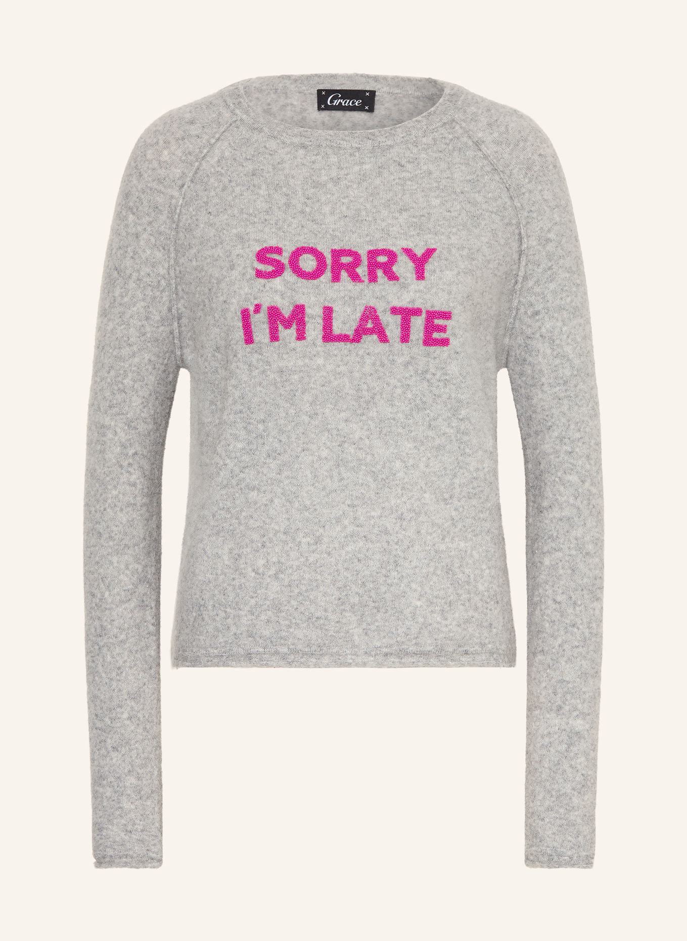 Grace Pullover SORRY I'M LATE mit Schmuckperlen: GRAU / PINK