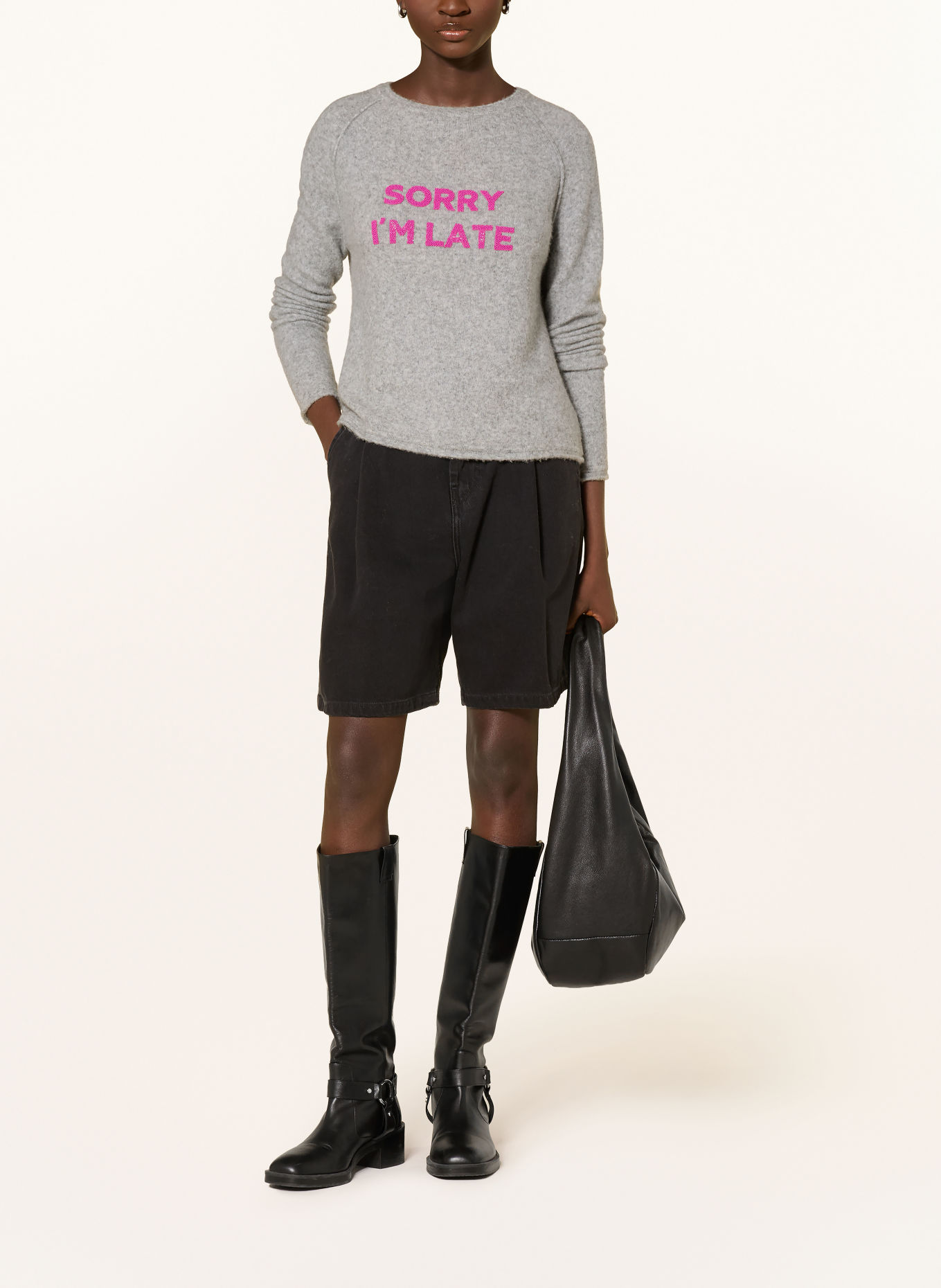 Grace Pullover SORRY I'M LATE mit Schmuckperlen: GRAU / PINK