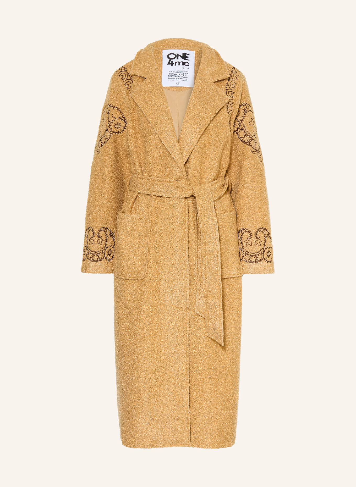 Grace Bouclé coat with gemstones and sequins: CAMEL / BROWN