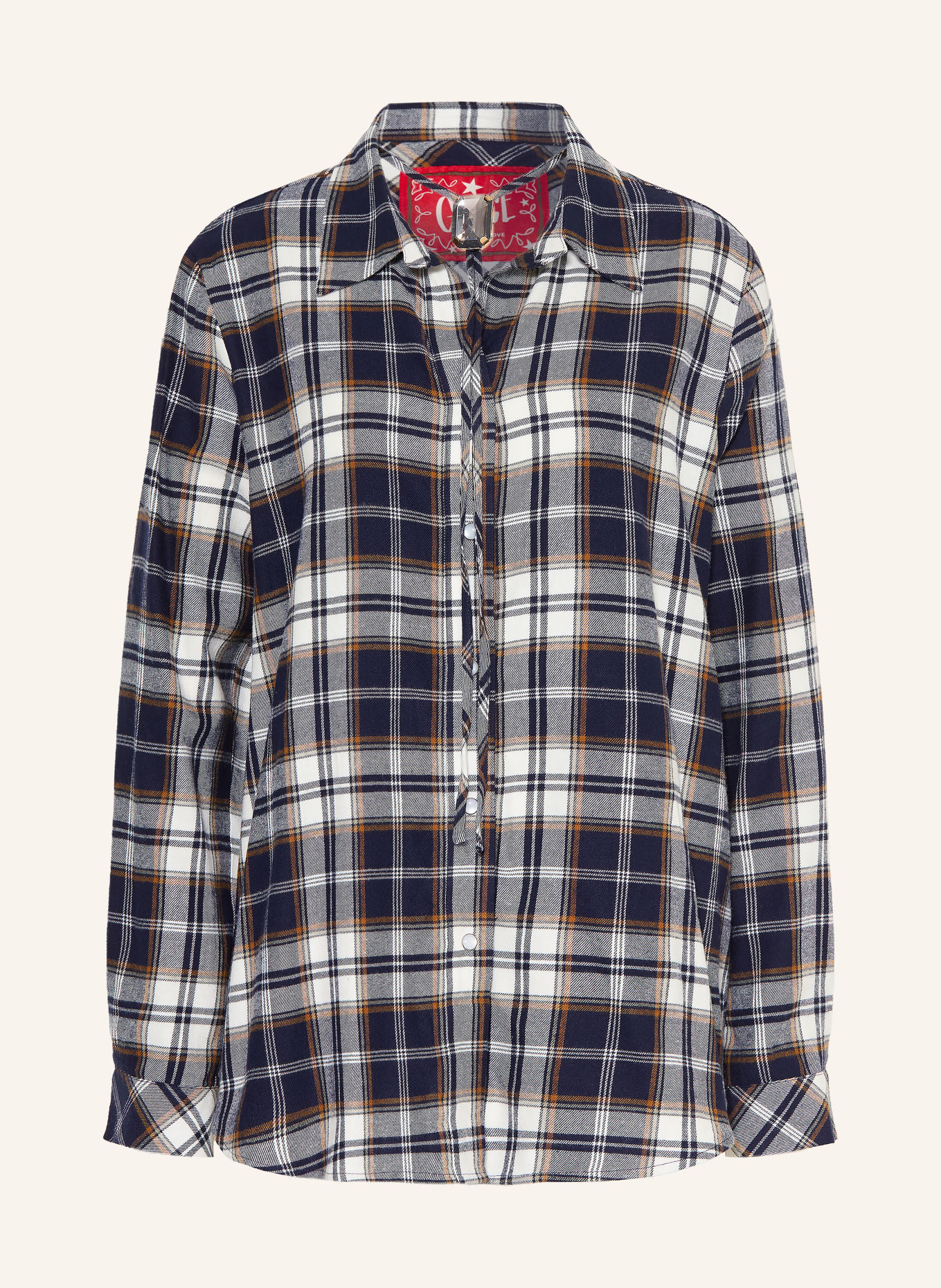 Grace Flannel blouse with gemstone: DARK BLUE / CAMEL / WHITE