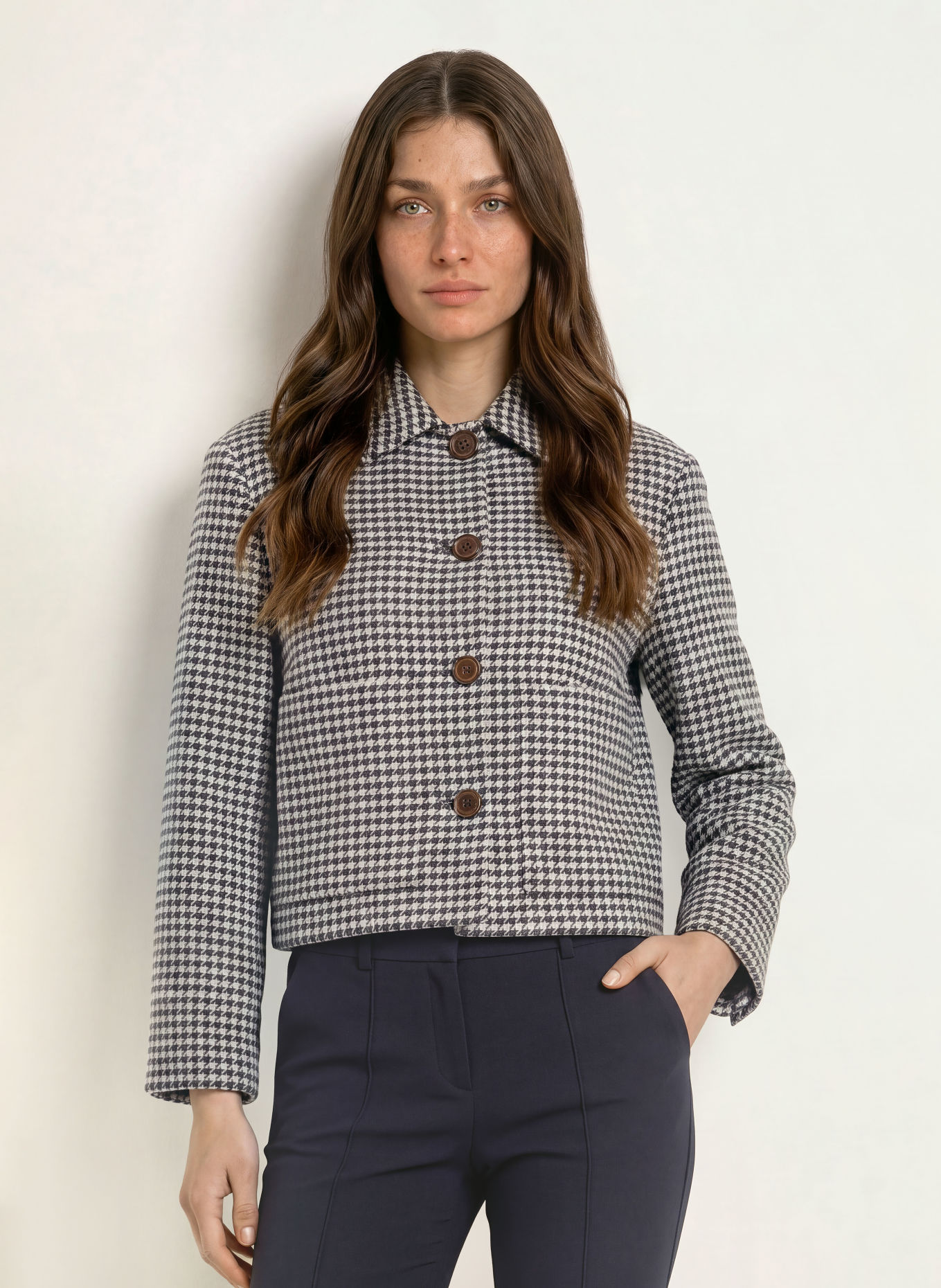 pamela henson PHJOSKE Boxy Jacket: DARK BLUE / DARK BROWN / BEIGE