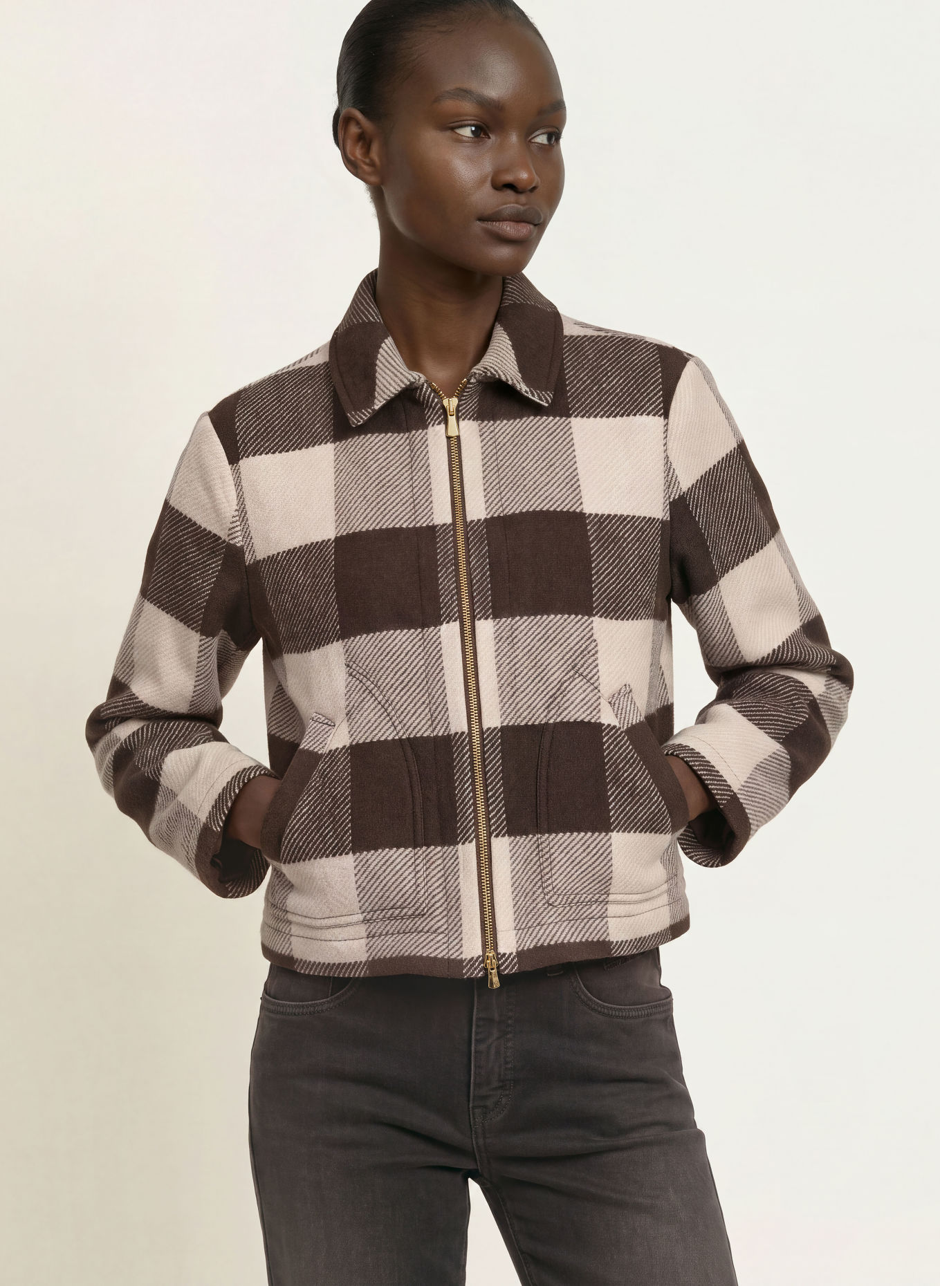 pamela henson PHIRIS Boxy Jacket: DARK BROWN / LIGHT BROWN / BEIGE