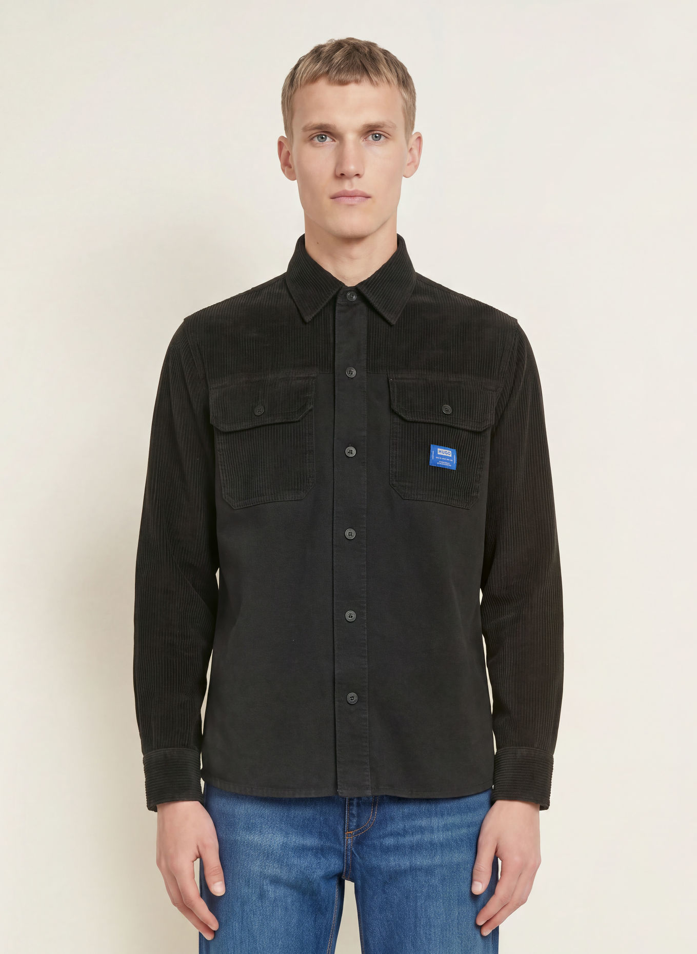 HUGO EBRIN Regular Fit Corduroy Shirt in a blend of materials: BLACK / BLUE