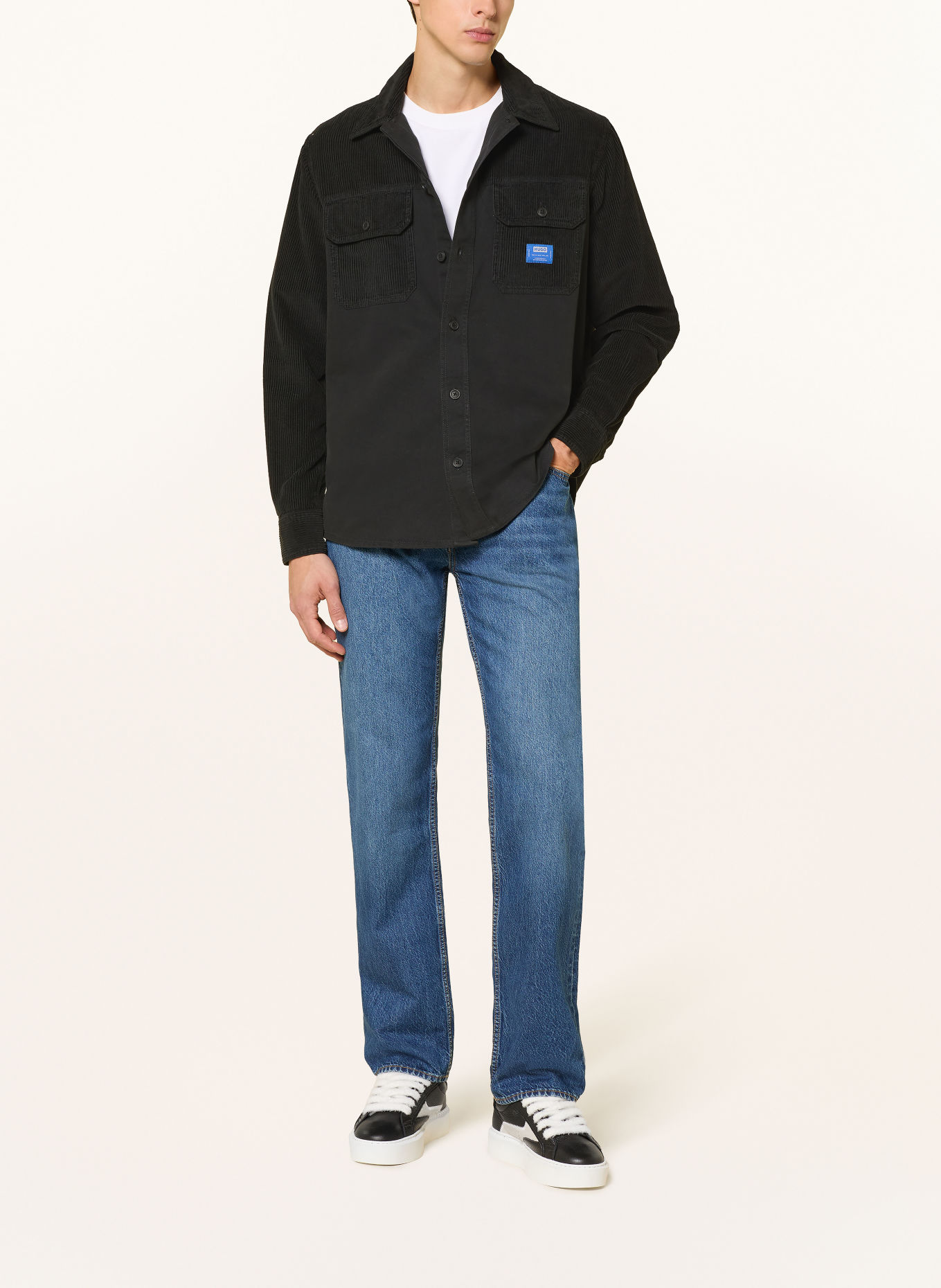 HUGO EBRIN Regular Fit Corduroy Shirt in a blend of materials: BLACK / BLUE