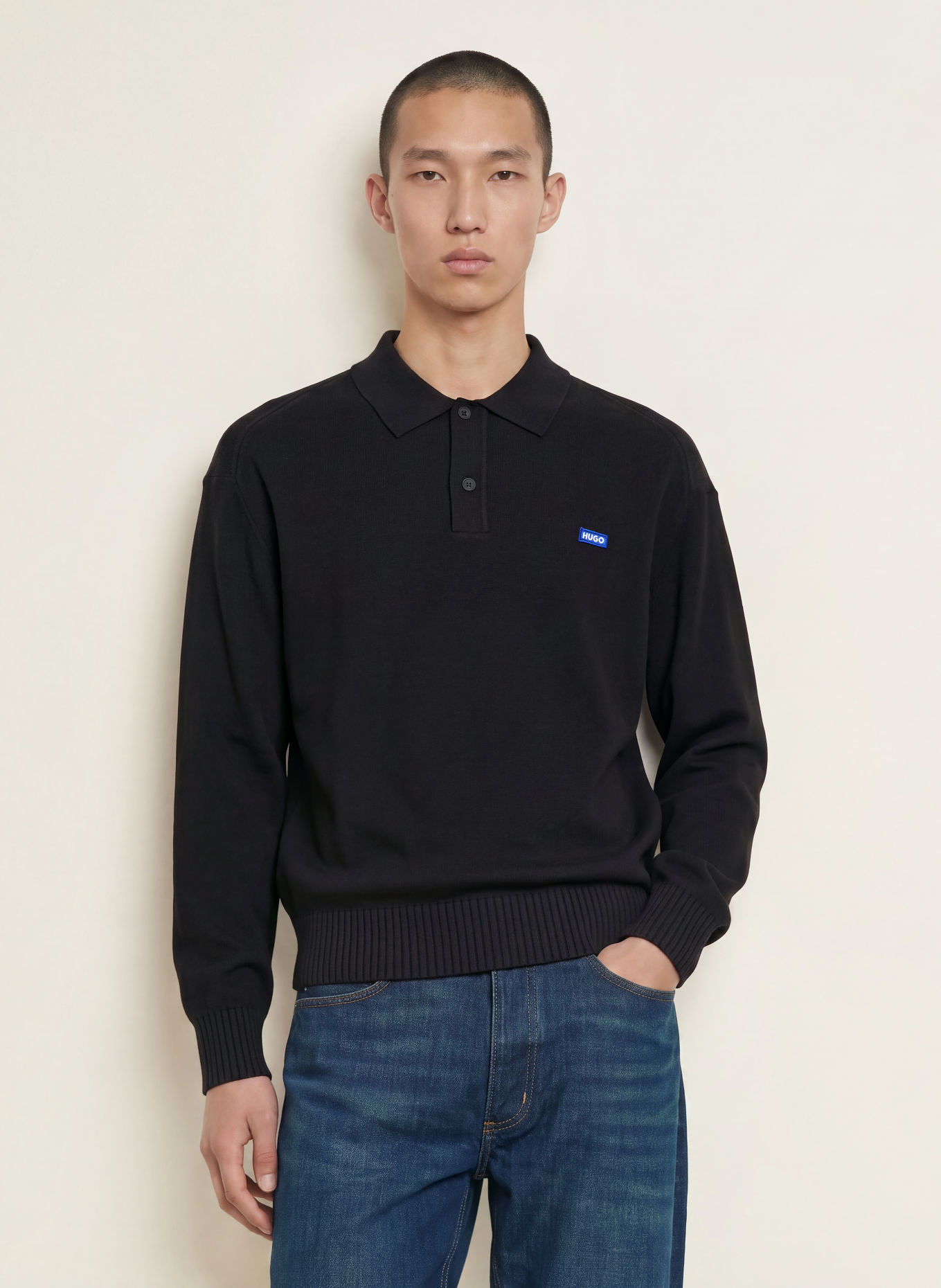 HUGO Strick-Poloshirt SAN PETTY Oversized Fit: SCHWARZ