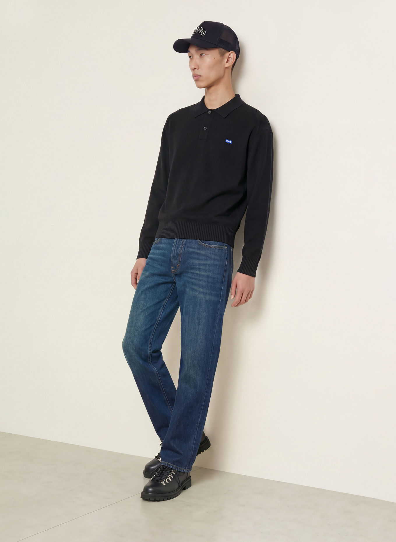 HUGO Strick-Poloshirt SAN PETTY Oversized Fit: SCHWARZ