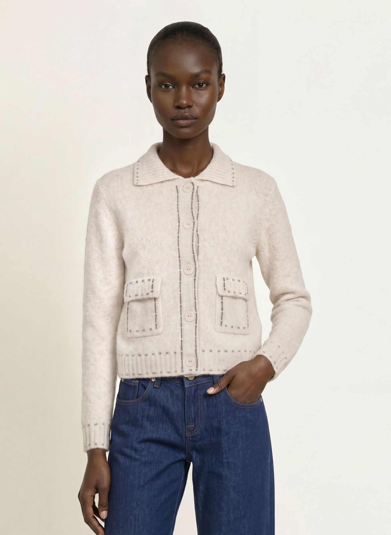 HEMISPHERE Cashmere Cardigan: CREAM / GRAY