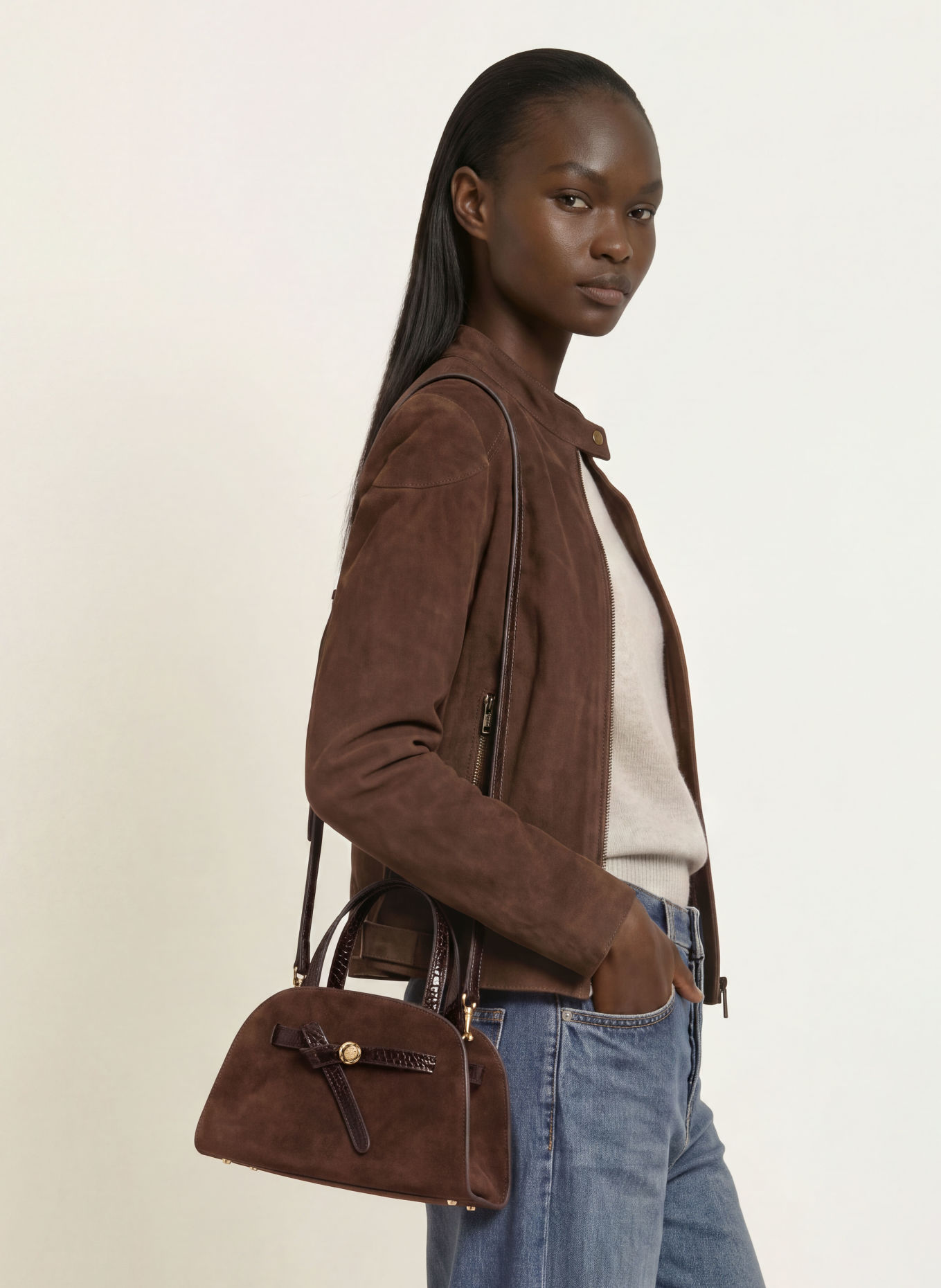 TORY BURCH Schoudertas ROMY BAULETTO SMALL: MARRON FONCÉ / GOUD