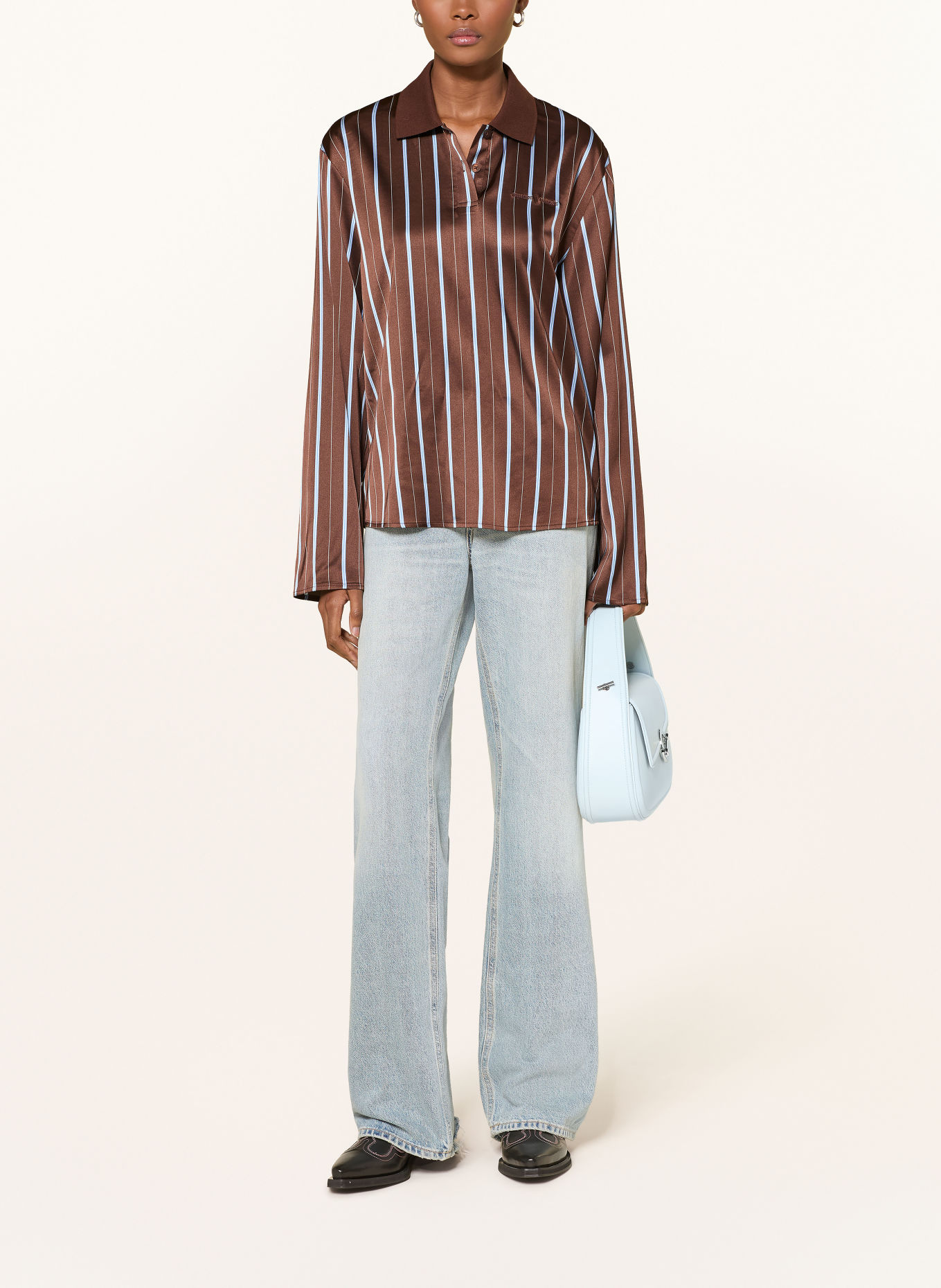 SAMSØE SAMSØE Satin Polo shirt SADOVERS: DARK BROWN / LIGHT BLUE / WHITE