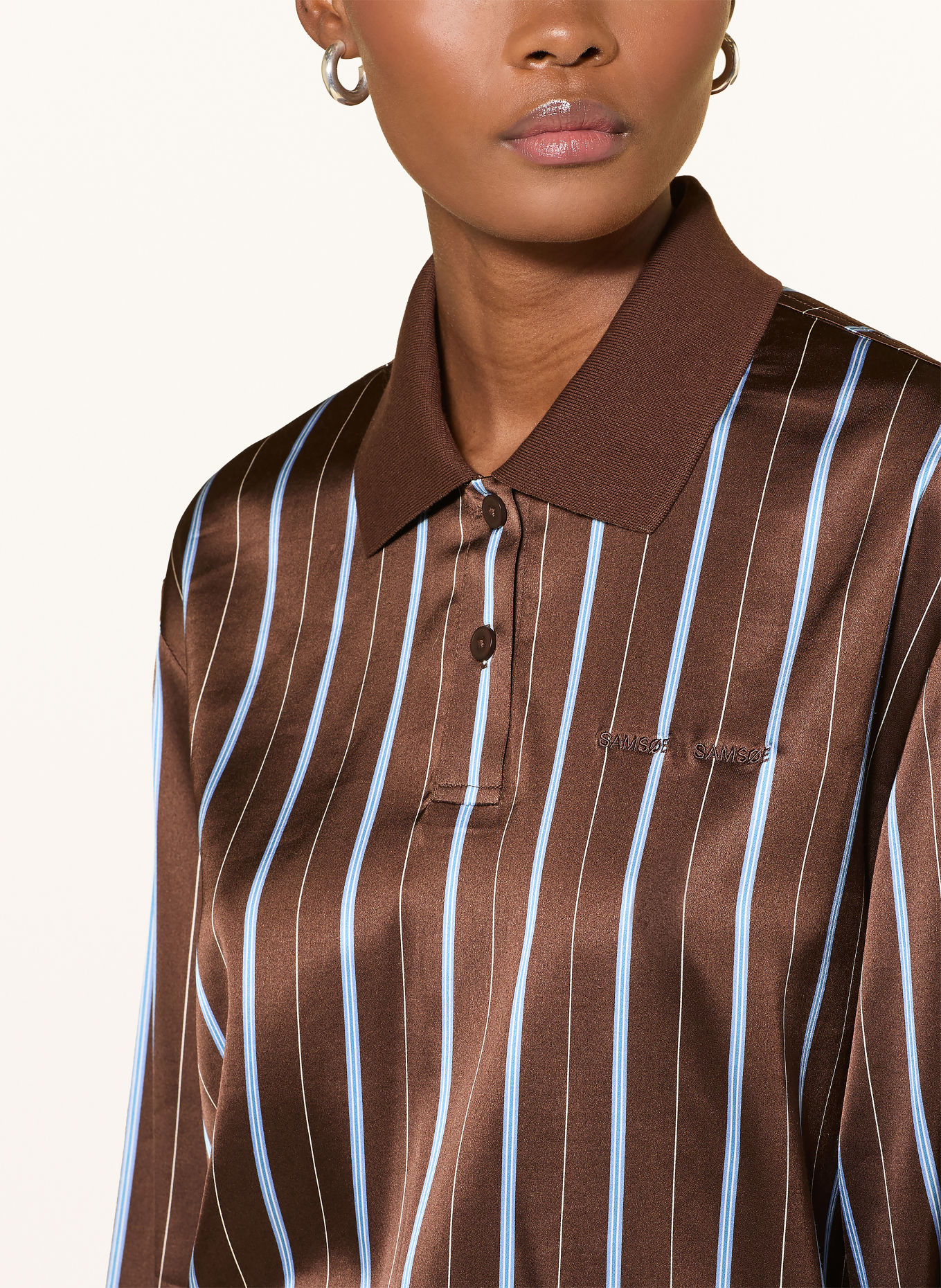 SAMSØE SAMSØE Satin Polo shirt SADOVERS: DARK BROWN / LIGHT BLUE / WHITE