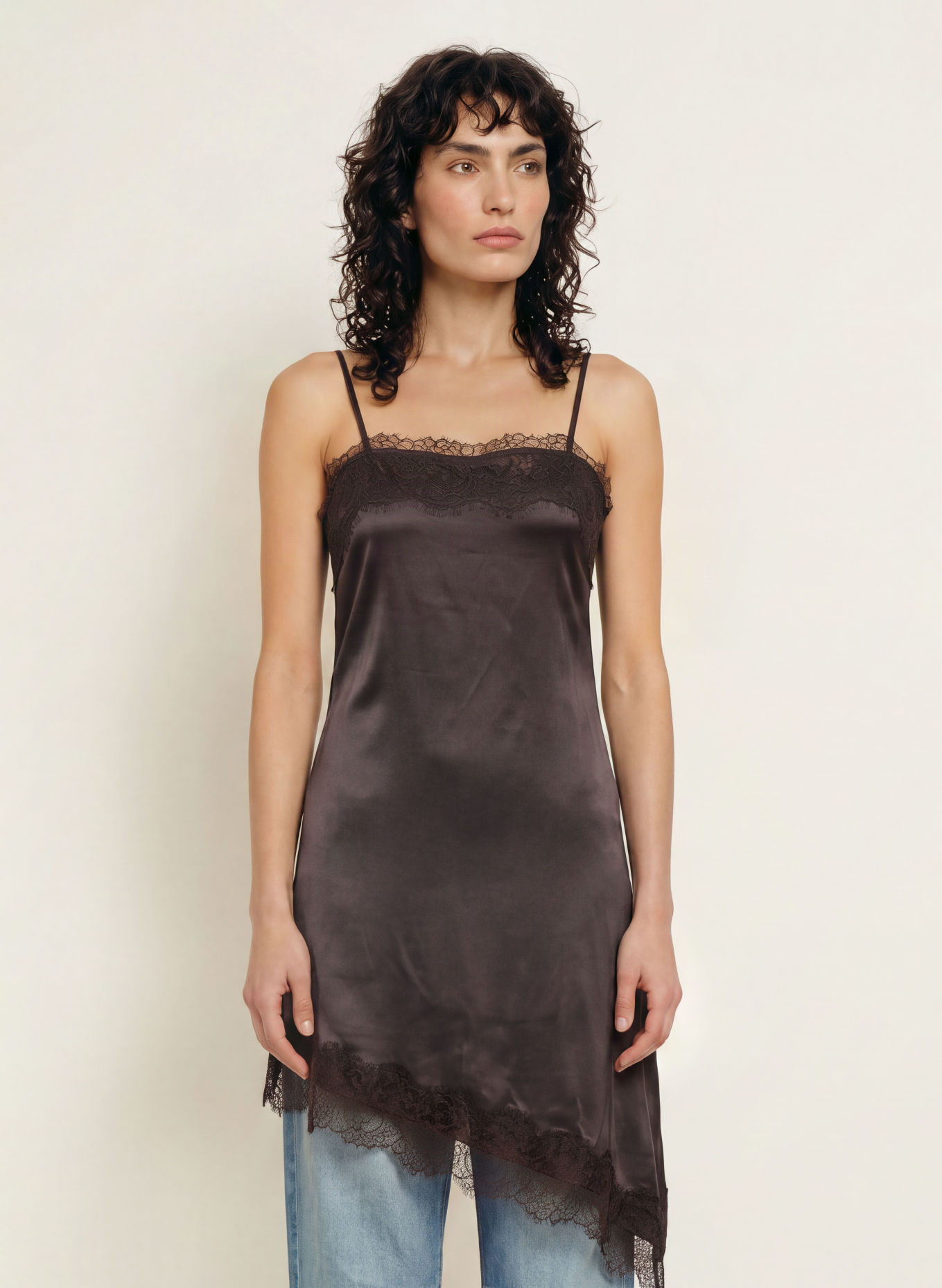 SAMSØE SAMSØE SAEBBA Satin Dress with Lace: DARK GRAY