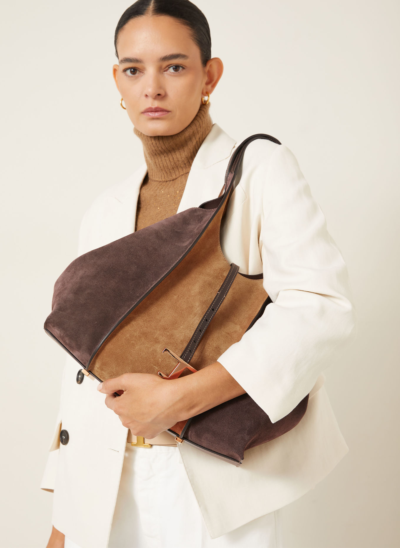 TOD'S Shoppers T TIMELESS met Pouch: MARRON FONCÉ / CAMEL
