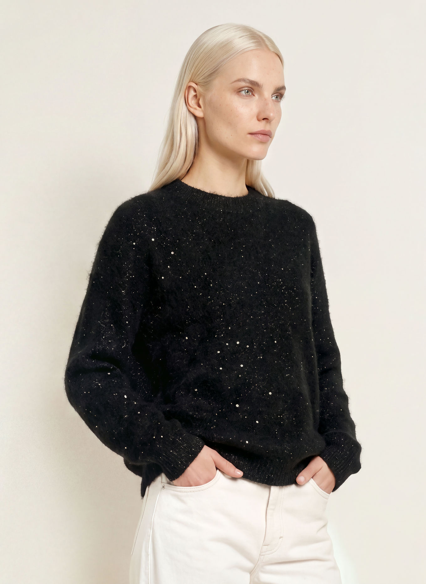 PURSCHOEN AMDO Sweater with Sequins and Glitter Yarn: BLACK