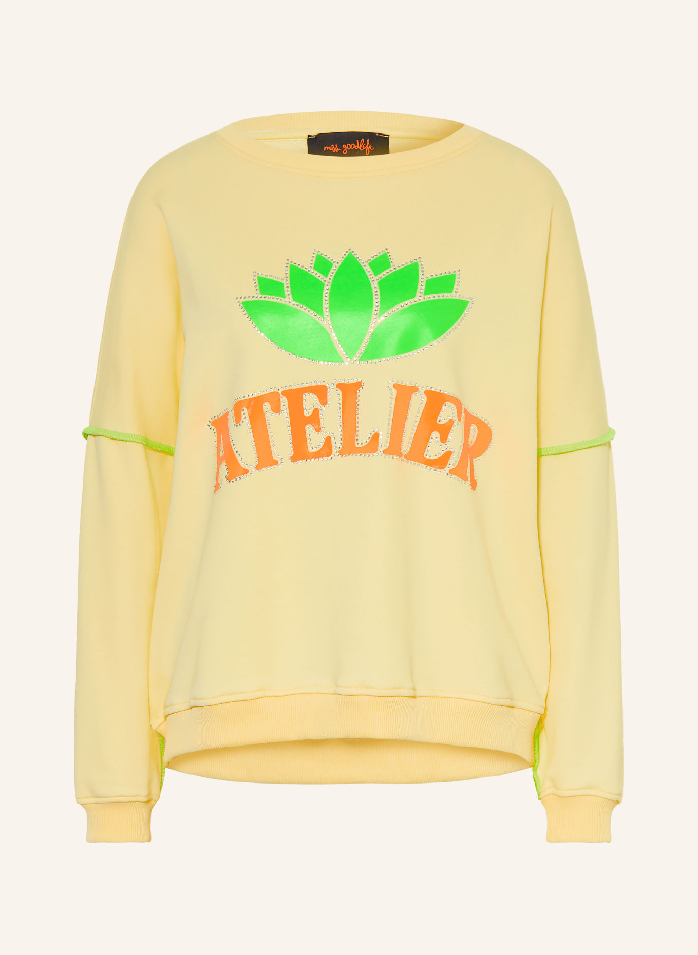 miss goodlife Sweatshirt with decorative stones: LIGHT YELLOW / ORANGE / GREEN