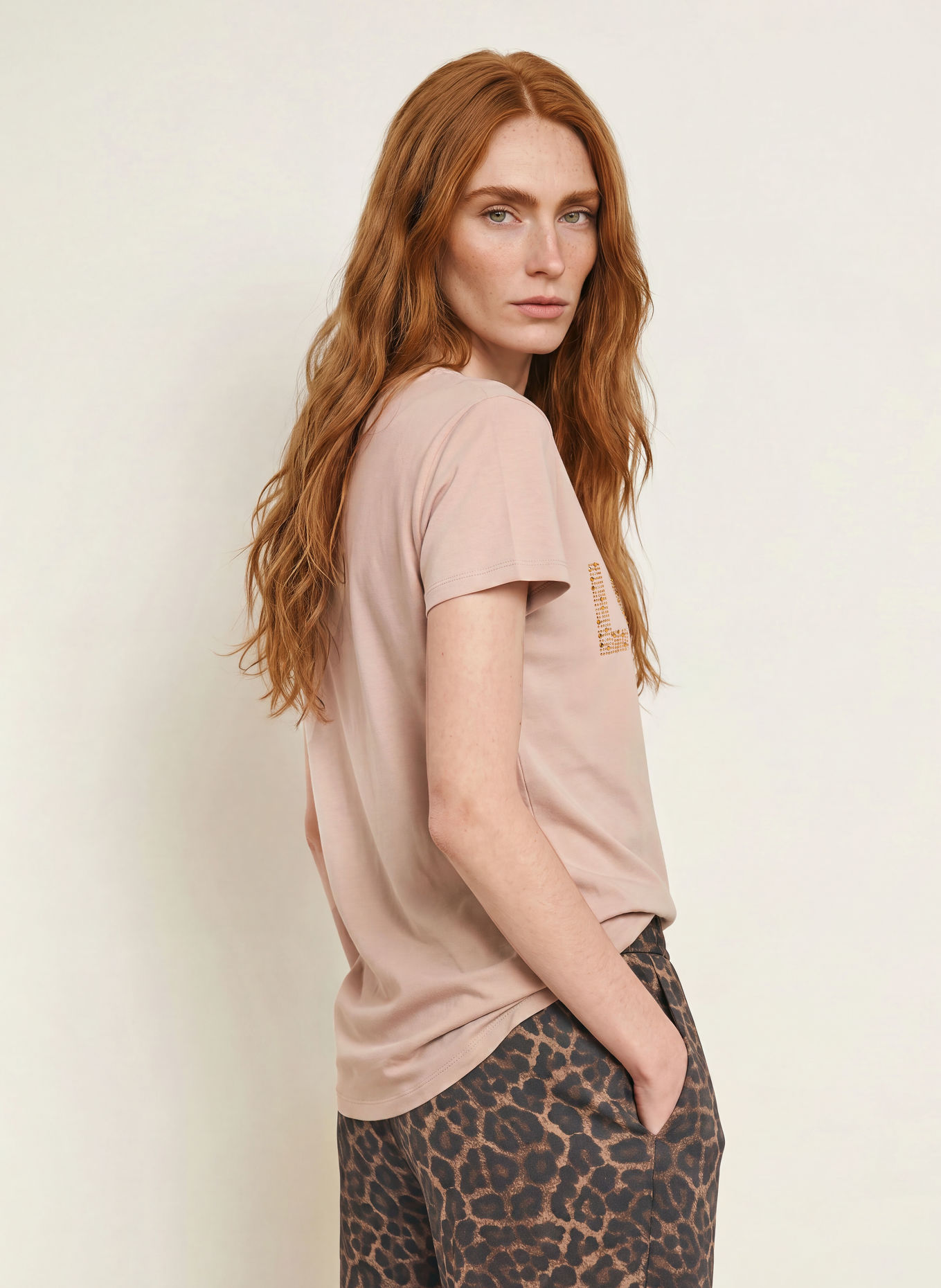 miss goodlife T-Shirt mit Schmucksteinen: BEIGE / GOLD