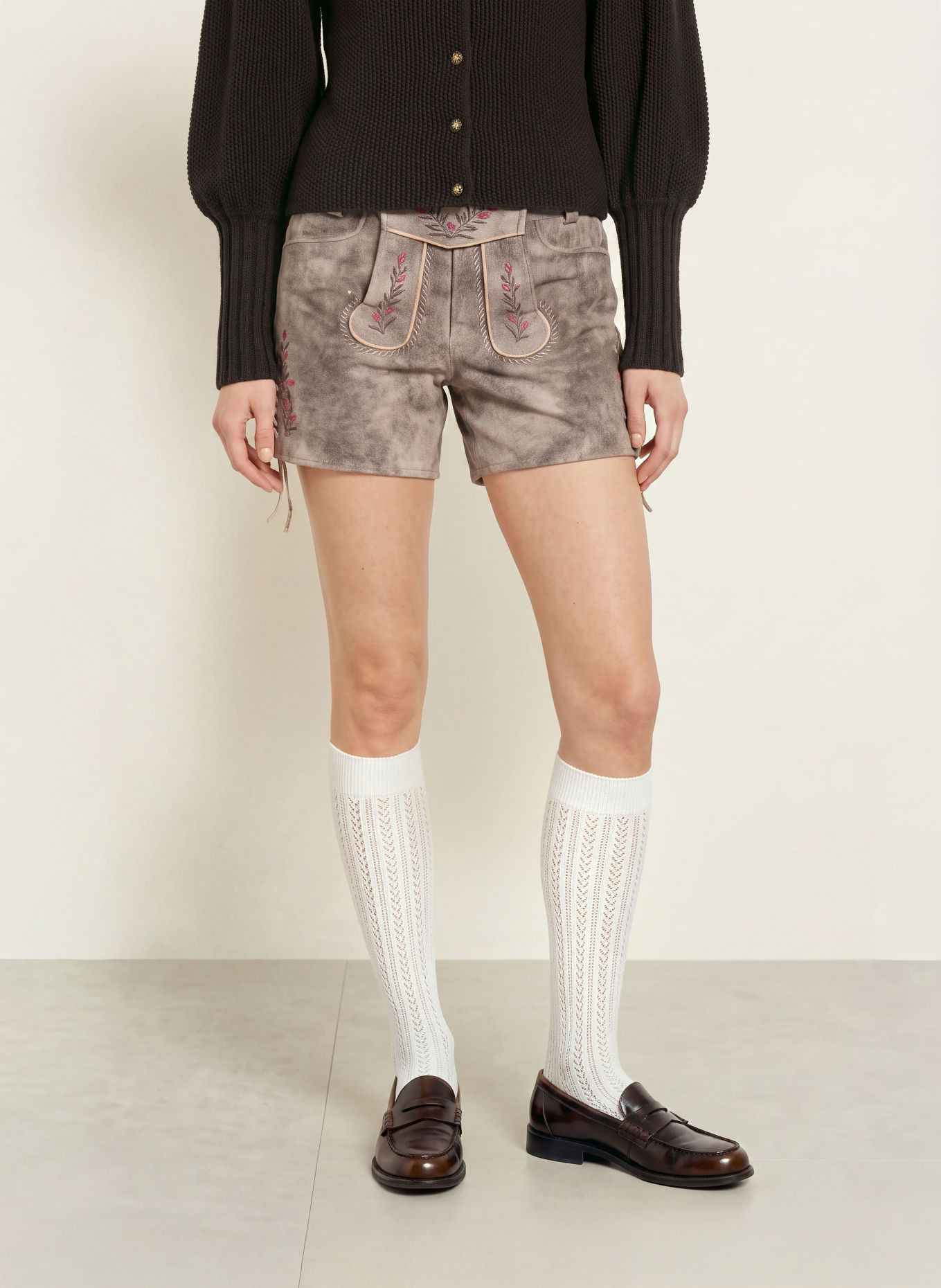 Spieth & Wensky Trachten-Lederhose KLEO: TAUPE / HELLGRAU / PINK