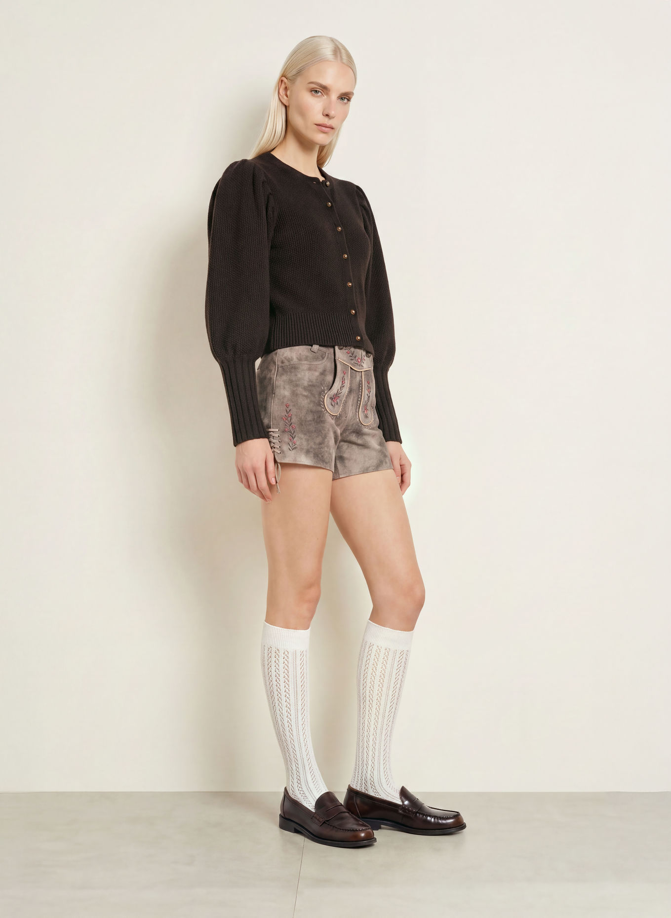 Spieth & Wensky Trachten-Lederhose KLEO: TAUPE / HELLGRAU / PINK