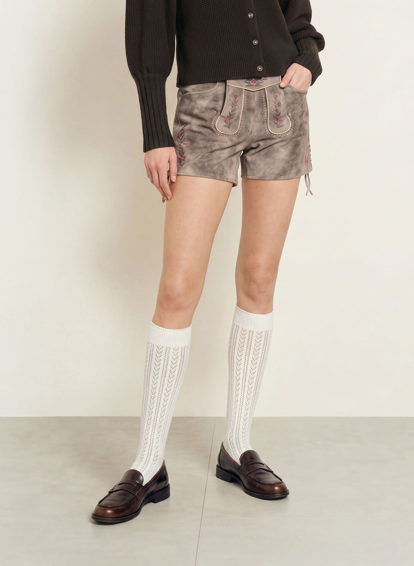 Spieth & Wensky Trachten-Lederhose KLEO: TAUPE / HELLGRAU / PINK