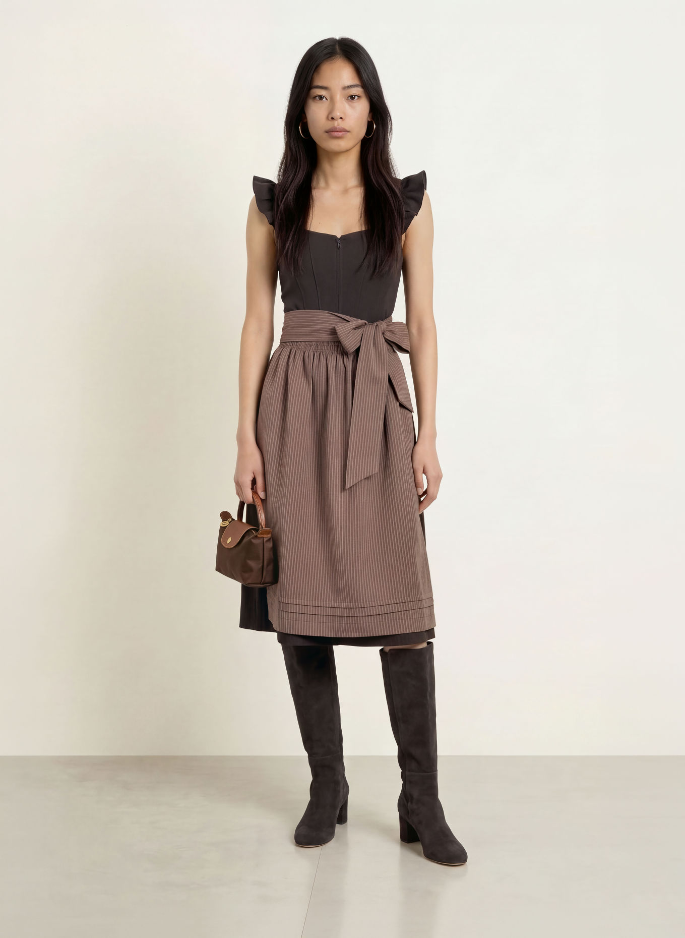 Spieth & Wensky Dirndl BRIGITTE met ruches: MARRON FONCÉ / TAUPE
