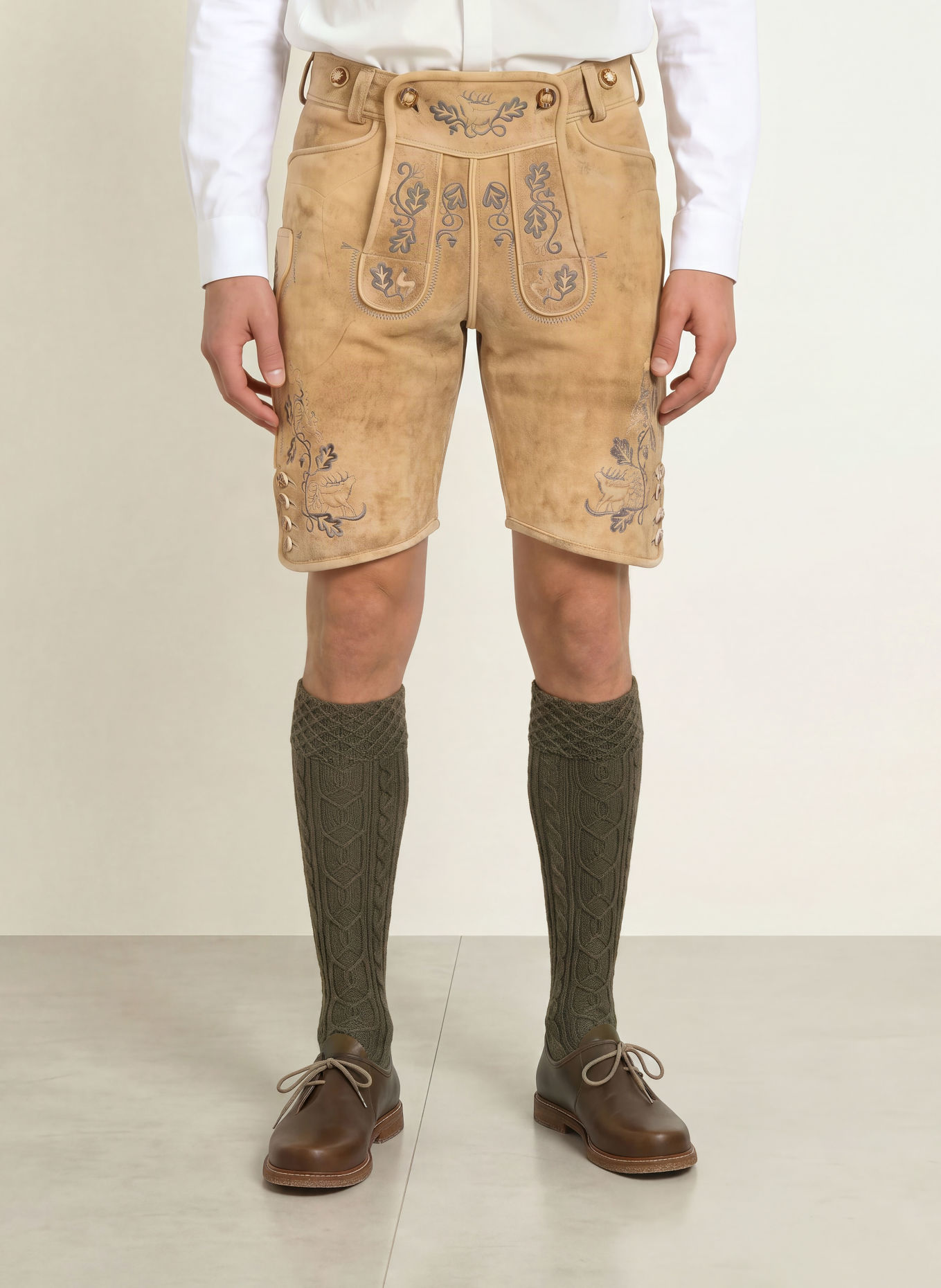 BECKERT Traditionele lederhose LUSTENAU: BEIGE / GRIJS