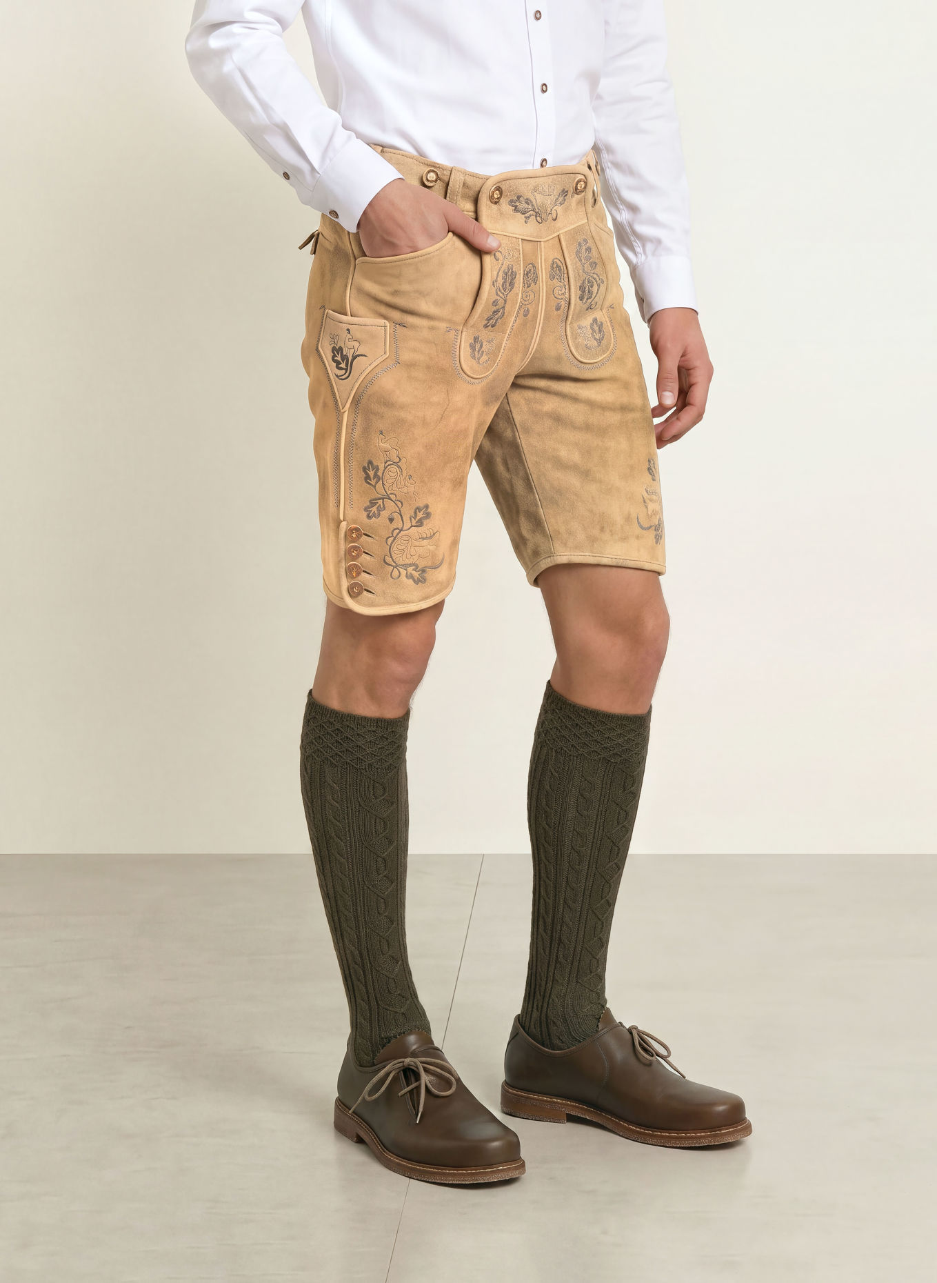 BECKERT Traditionele lederhose LUSTENAU: BEIGE / GRIJS