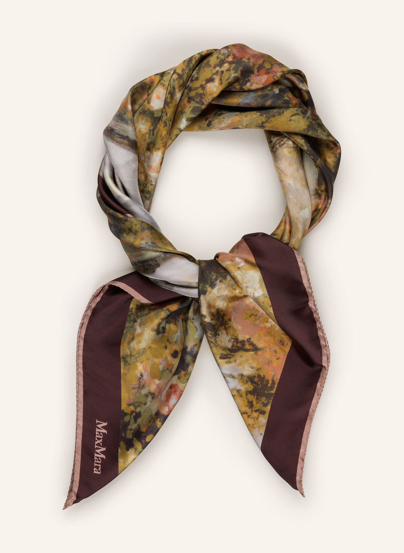 Max Mara CARRE Silk Scarf: BEIGE / DARK BROWN / DARK GREEN