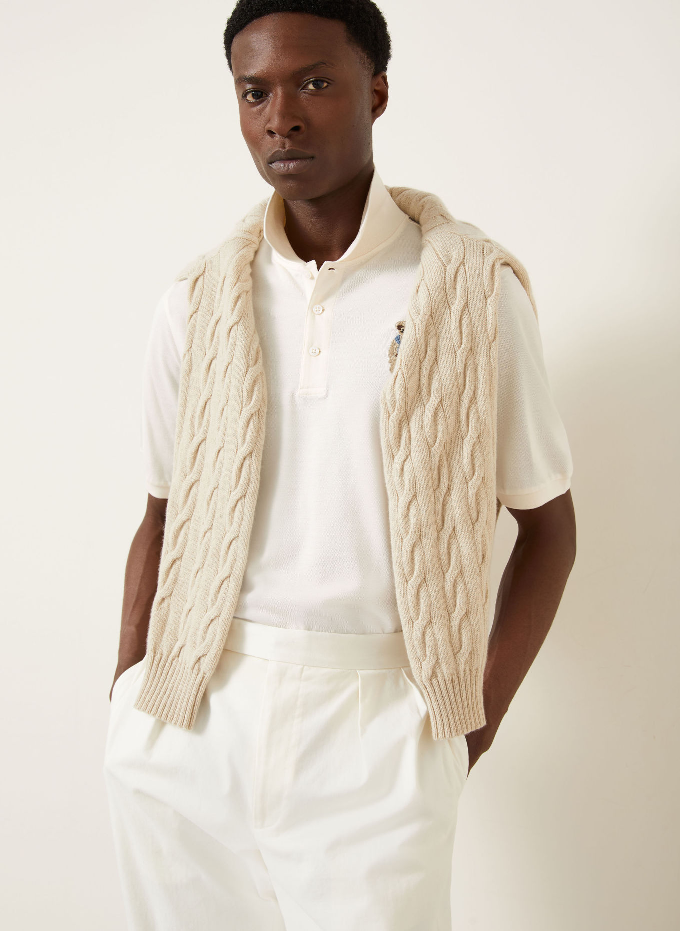 RALPH LAUREN PURPLE LABEL Piqué-Poloshirt: ECRU / DUNKELBRAUN / BLAUGRAU