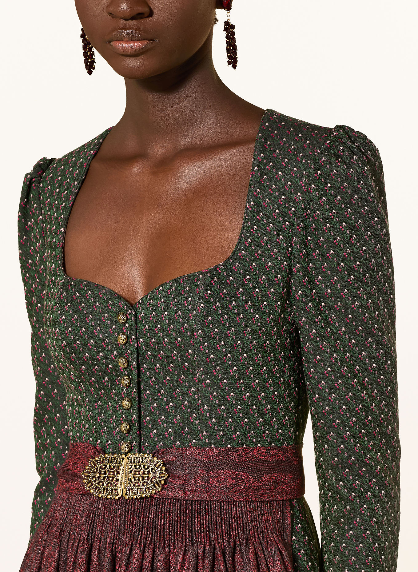 Gottseidank Dirndl AMELIE met 3/4-mouwen: DONKERGROEN / ROZE / ROOD