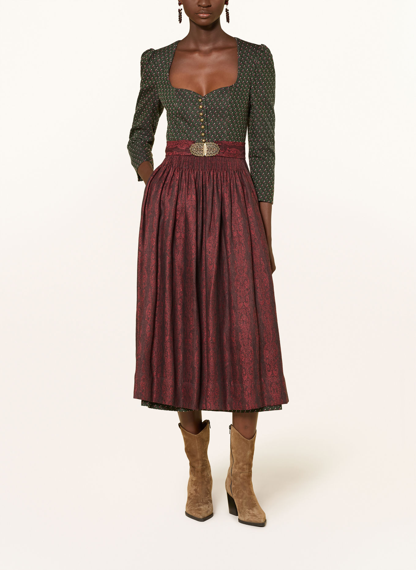 Gottseidank Dirndl AMELIE met 3/4-mouwen: DONKERGROEN / ROZE / ROOD