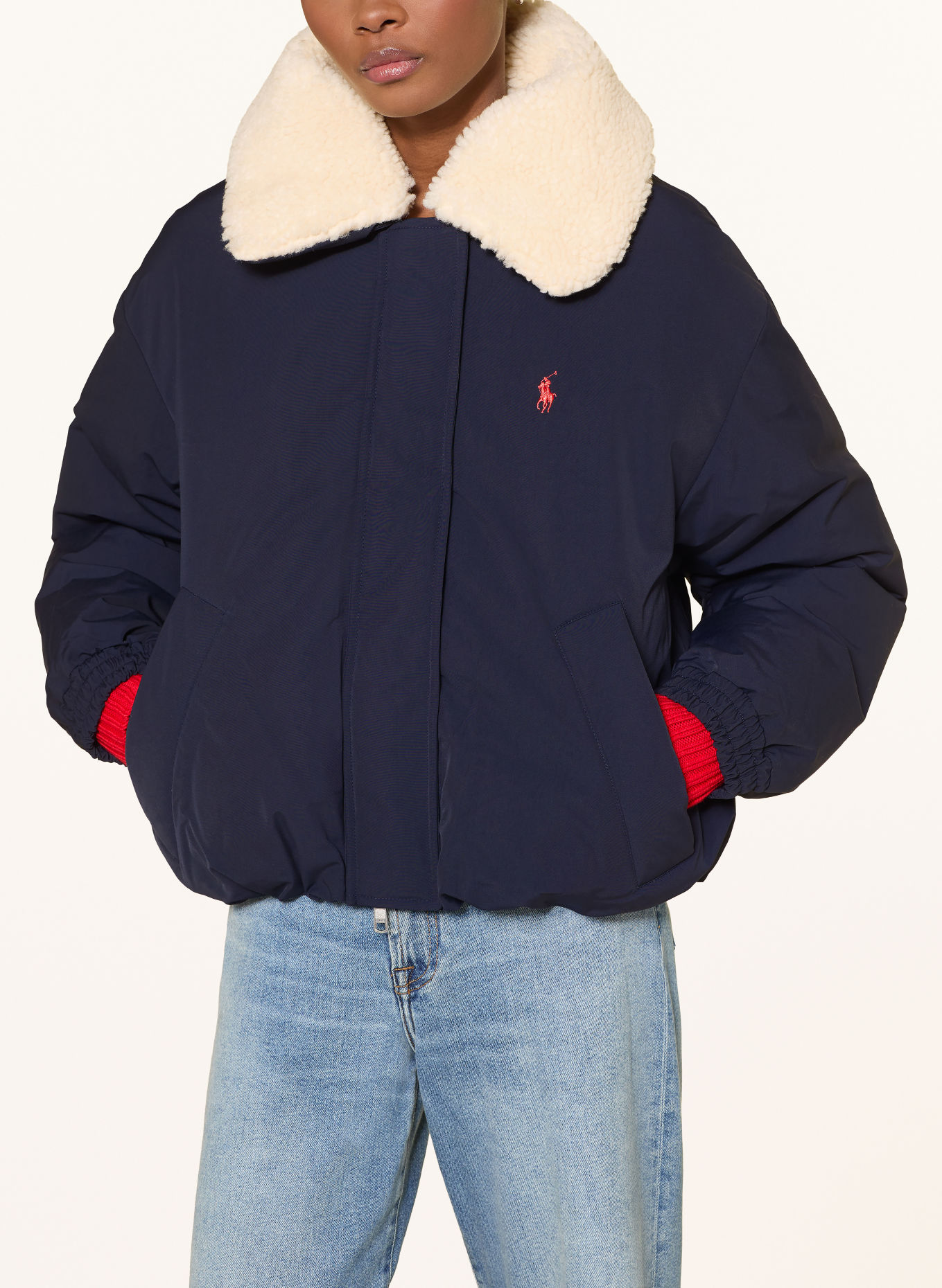 POLO RALPH LAUREN Blouson en duvet avec fourrure synthétique amovible: BLEU FONCÉ / ÉCRU