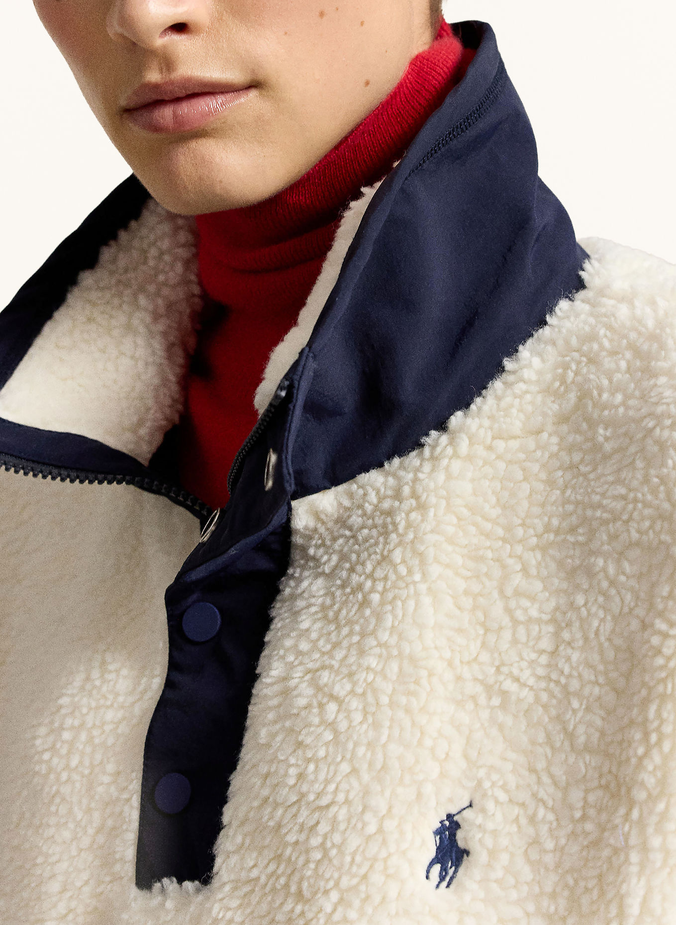 POLO RALPH LAUREN Fleece half-zip sweater: ECRU / DARK BLUE