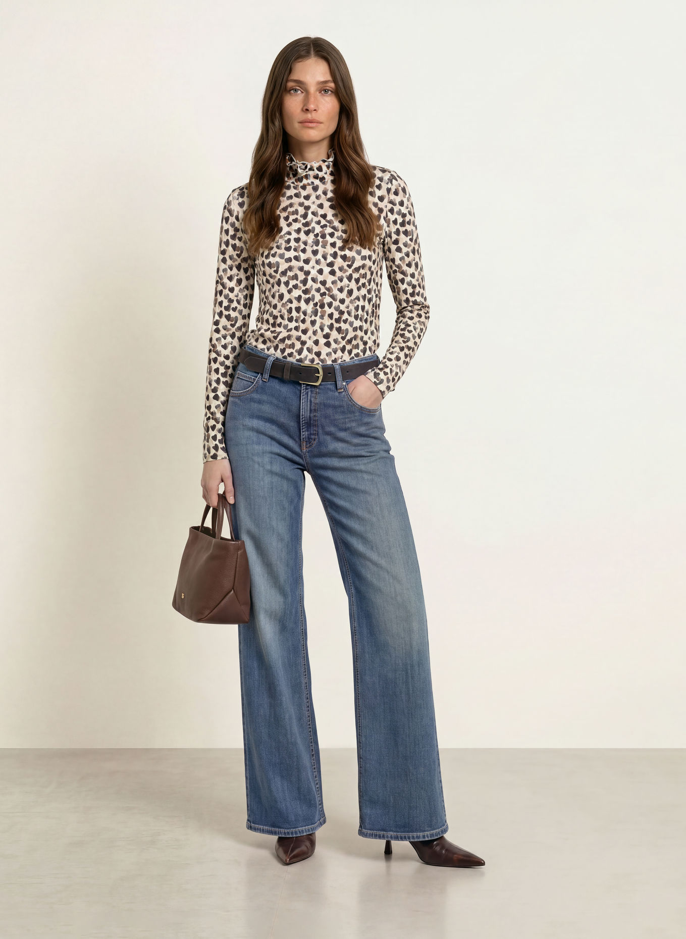 lilienfels Long-sleeve shirt with ruffles: CREAM / LIGHT ORANGE / BLACK