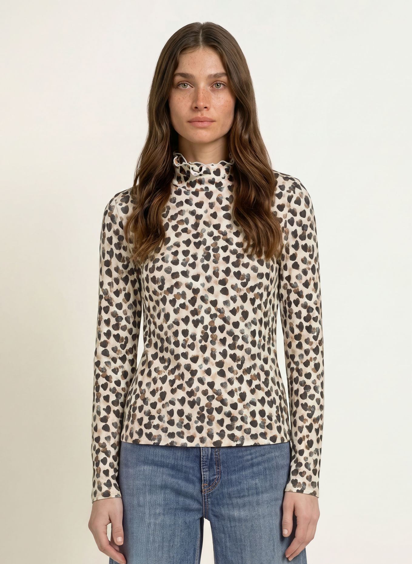 lilienfels Long-sleeve shirt with ruffles: CREAM / LIGHT ORANGE / BLACK