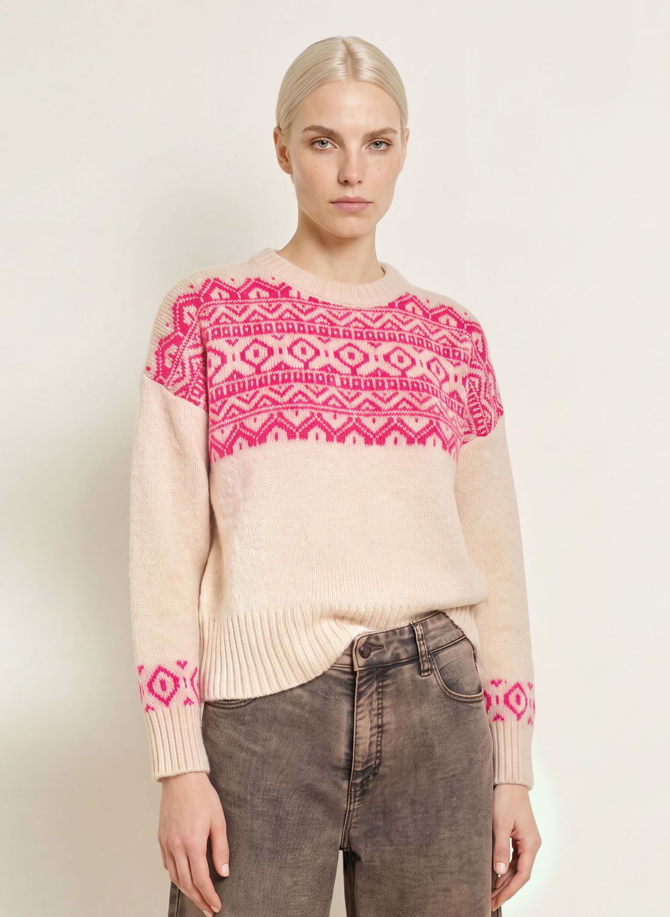 miss goodlife Pull en laine pailletée: BEIGE / ROSE FUCHSIA