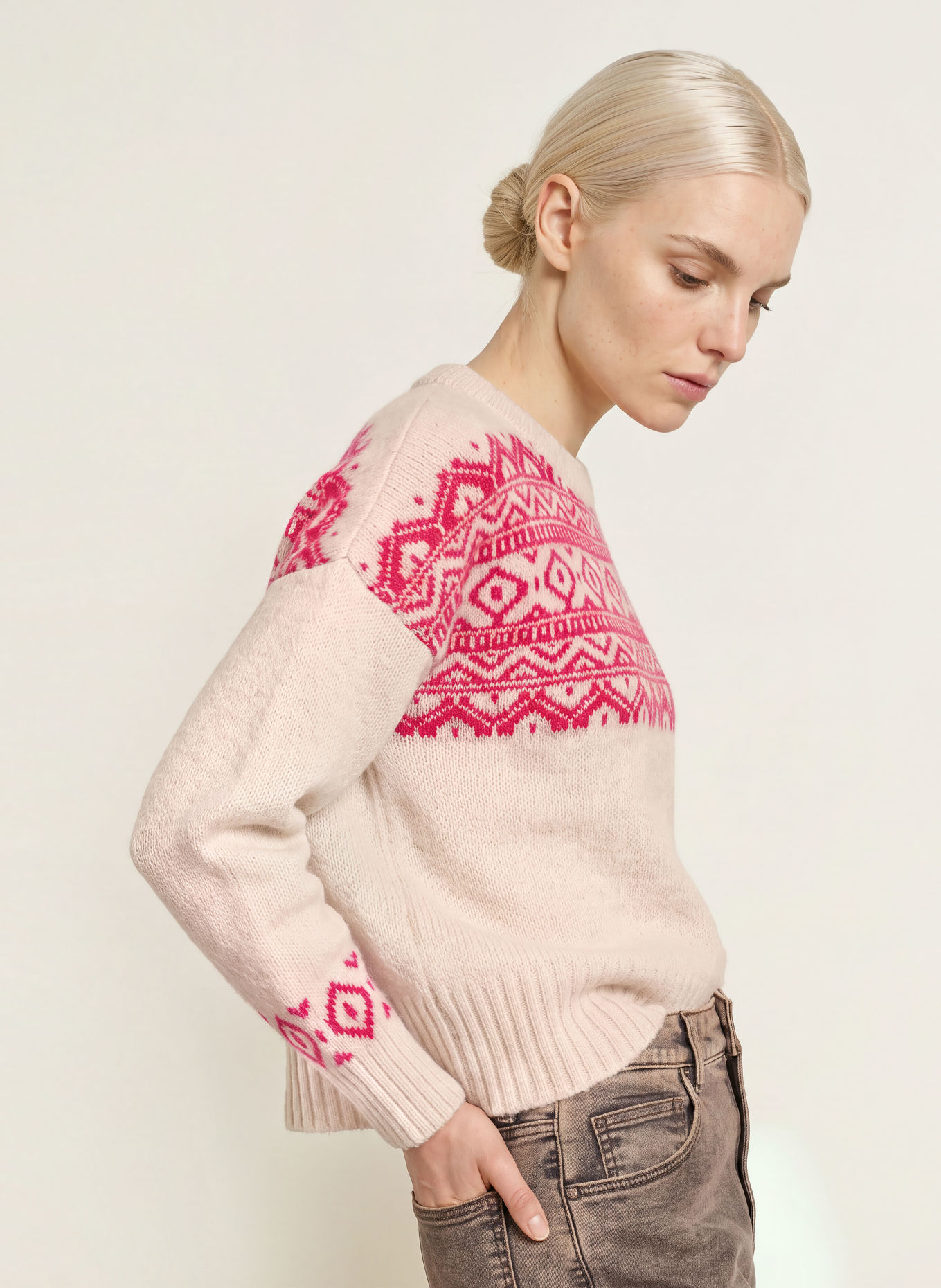 miss goodlife Pull en laine pailletée: BEIGE / ROSE FUCHSIA