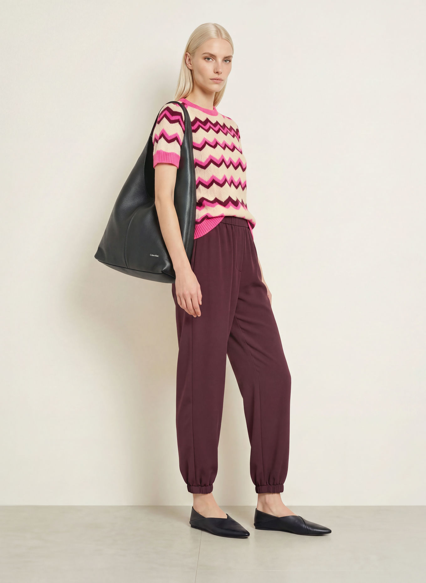 miss goodlife Knit shirt: BEIGE / NEON PINK / DARK RED